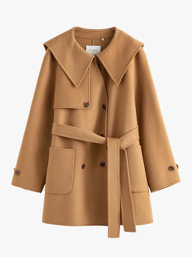 Women's Winter Double Breasted Wool Jacket - Short Loose Fit Belted Coat with Navy Collar | Warm Office Wear & Casual Outerwear for Business Women