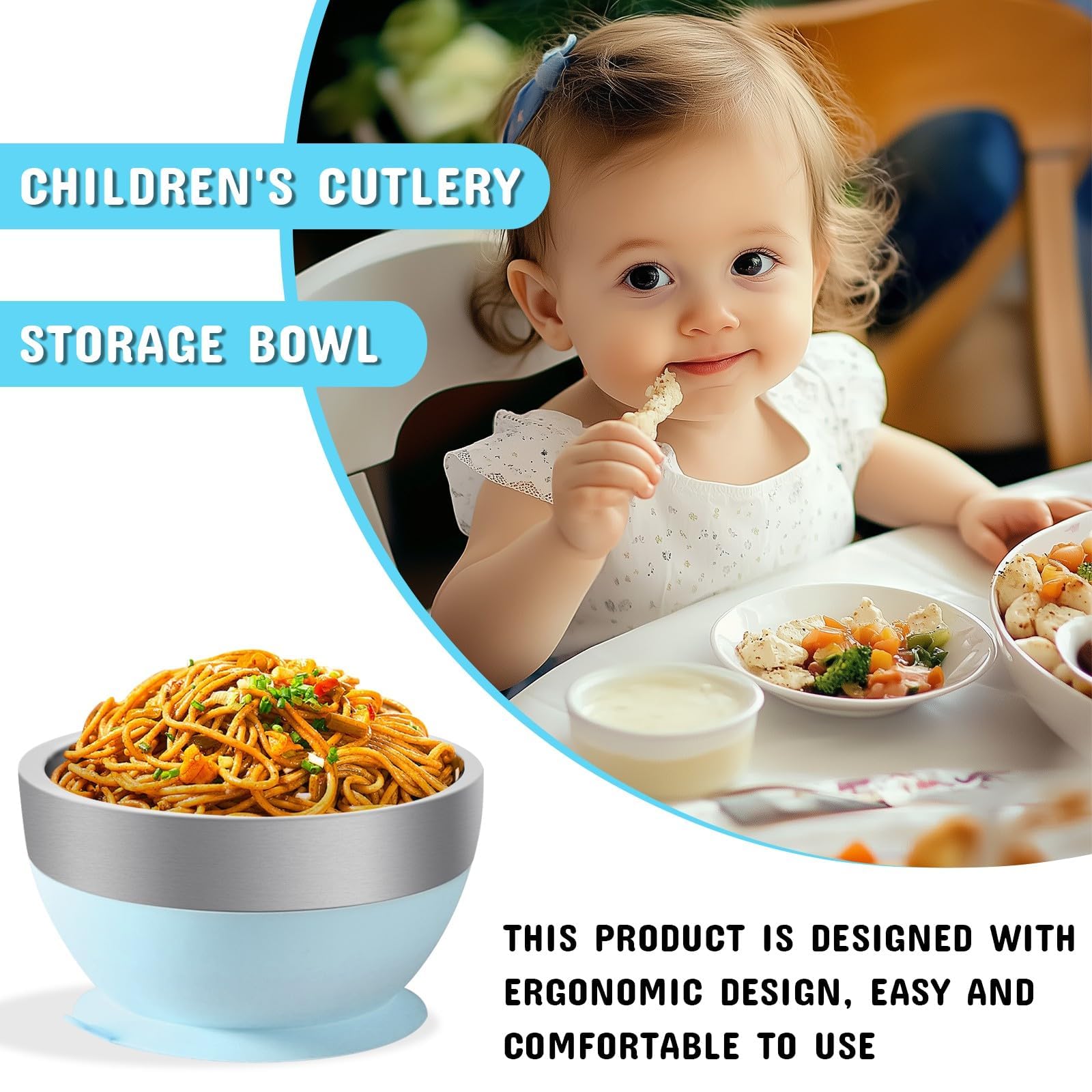Non-Slip Silicone Suction Bowl & Spoon Set for Babies - 304 Stainless Steel Bowls with Double-Layer Insulation & BPA-Free Lids | Food-Grade Safe Feeding Essentials for Toddlers | Perfect for Highchair, Travel & Mess-Free Mealtime (Blue)