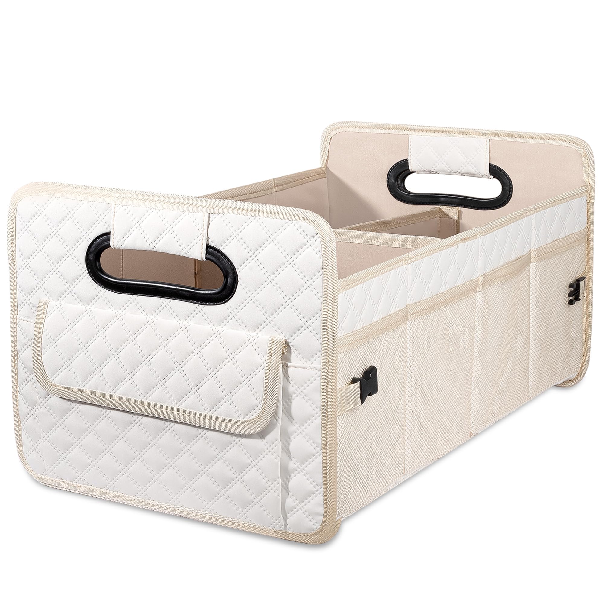 JiatuA Collapsible Multi-Compartment Car Trunk Organizer for SUV - Adjustable Storage Container Box for Women & Men (Beige) | Perfect for Road Trips, Grocery Shopping & Car Organization