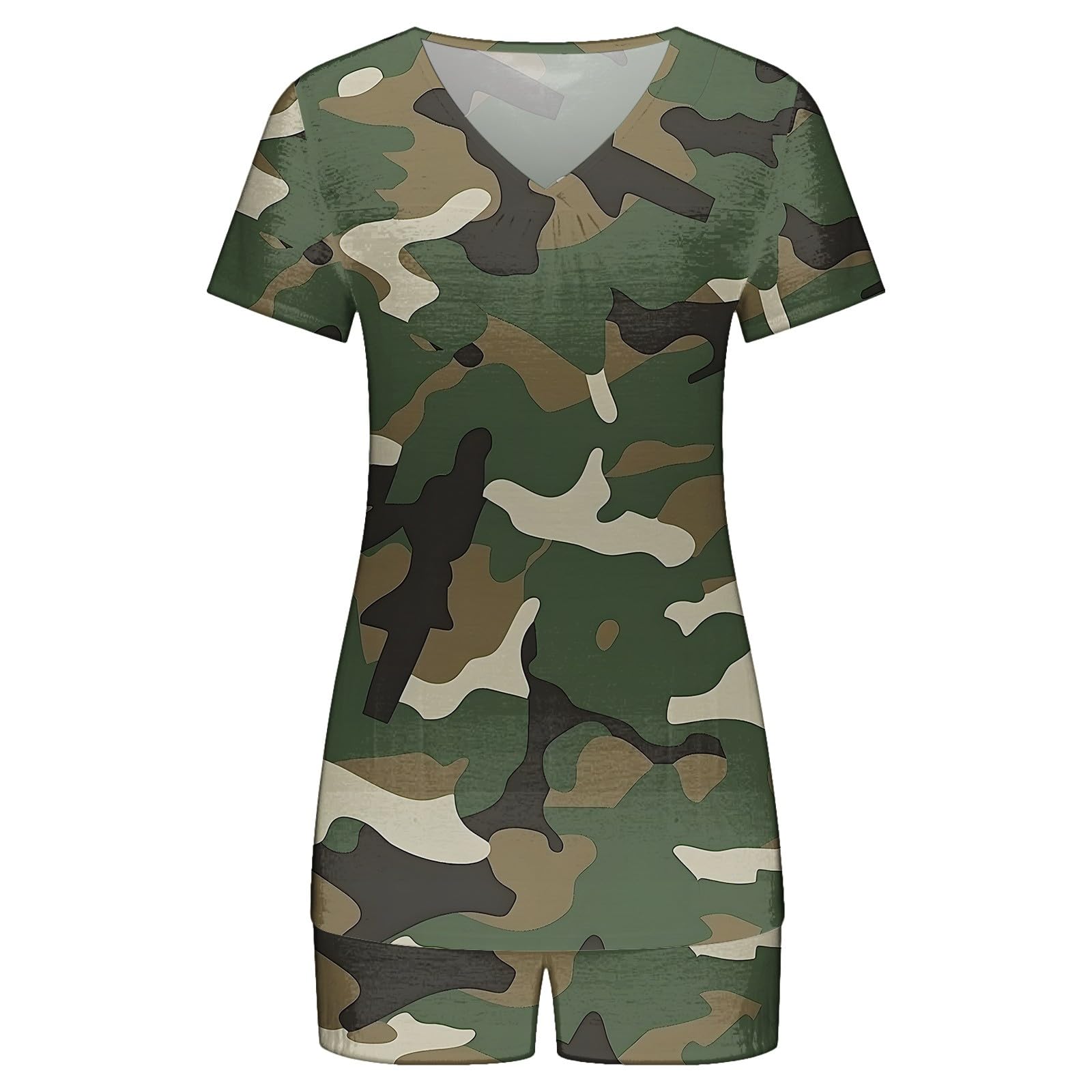 Women's Camo Print Pajama Set - Soft Short Sleeve V-Neck Sleepwear Top & Lounge Shorts | Comfortable Sleepwear for Women | Perfect for Bedtime, Lounging & Summer Nights