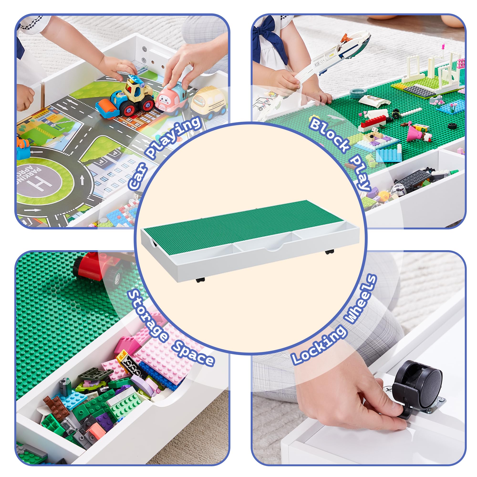 2 in 1 Construction Play Table - Lego Compatible Building Blocks & Train Game Table with Locking Wheels, Storage Space - Kids Activity Center for Bedroom, Playroom or Living Room (White)