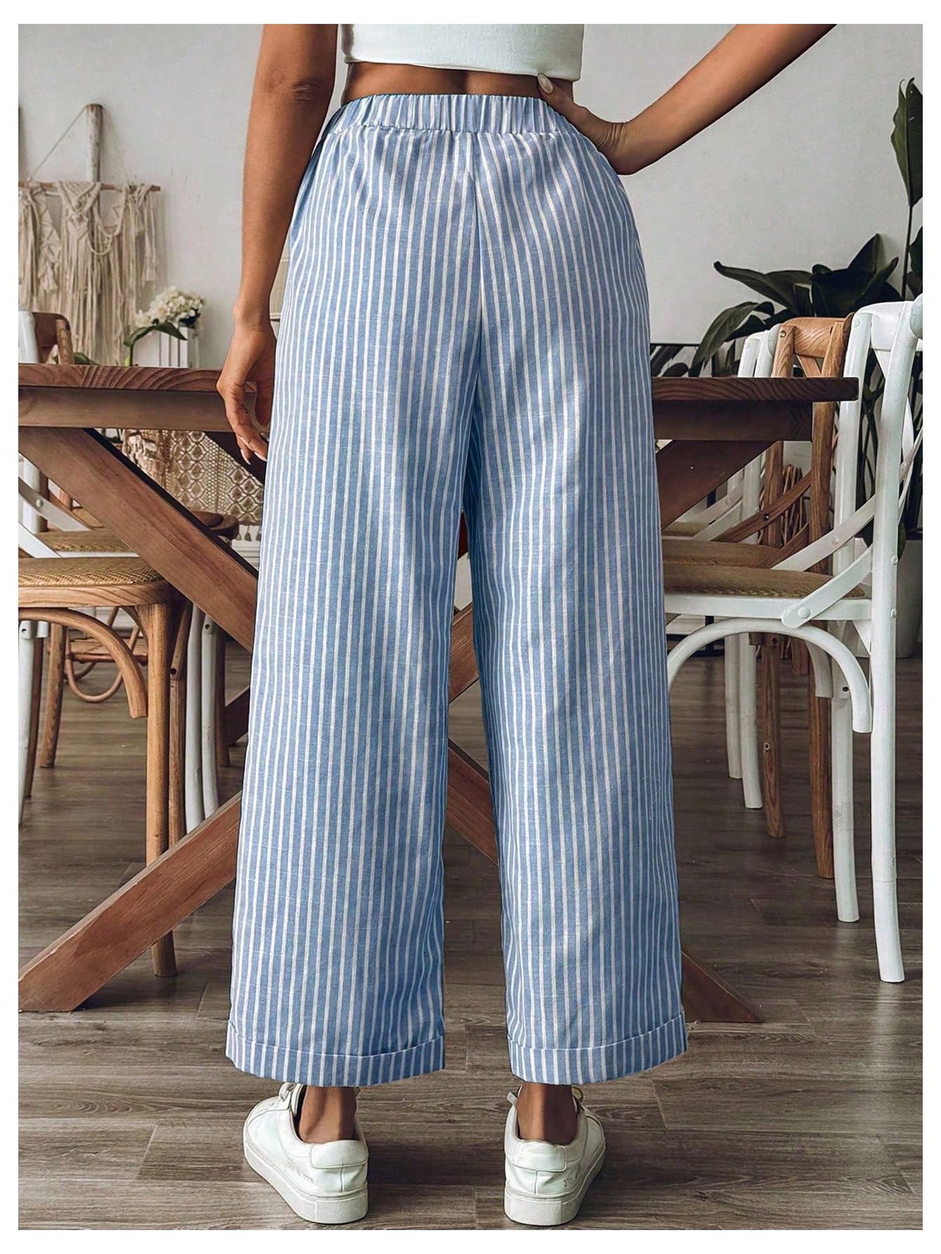 SOLY HUX Women's Striped High Waisted Wide Leg Pants - Tie Front Design with Pockets | Casual & Office Wear for Women | Comfortable Stretch Fabric for Everyday Use
