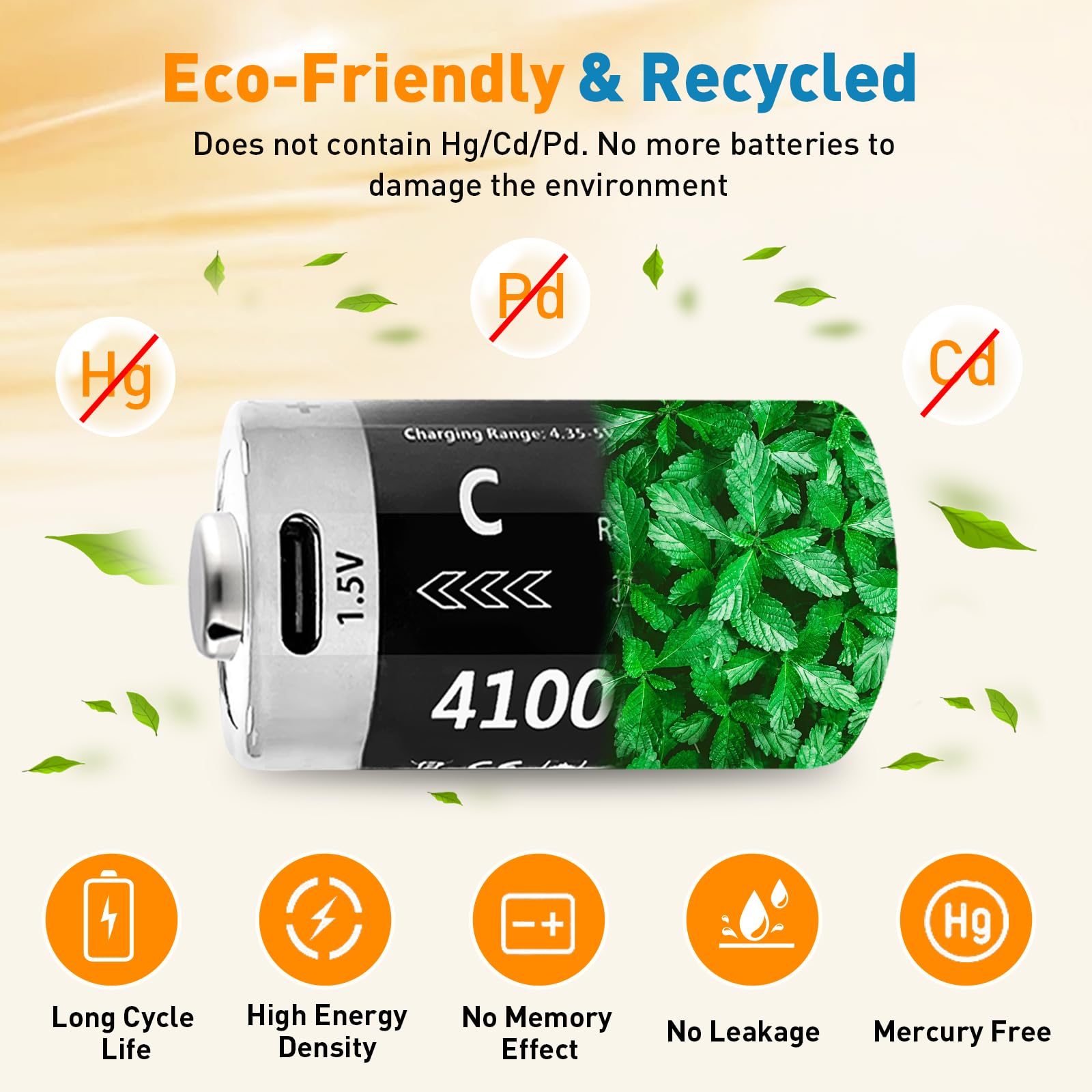 Rechargeable 1.5V Lithium C Batteries with USB-C Cable - 4100mWh C Size Li-ion Batteries (4 Pack) for Flashlights, Lanterns, Camping Gear & Emergency Power Supply