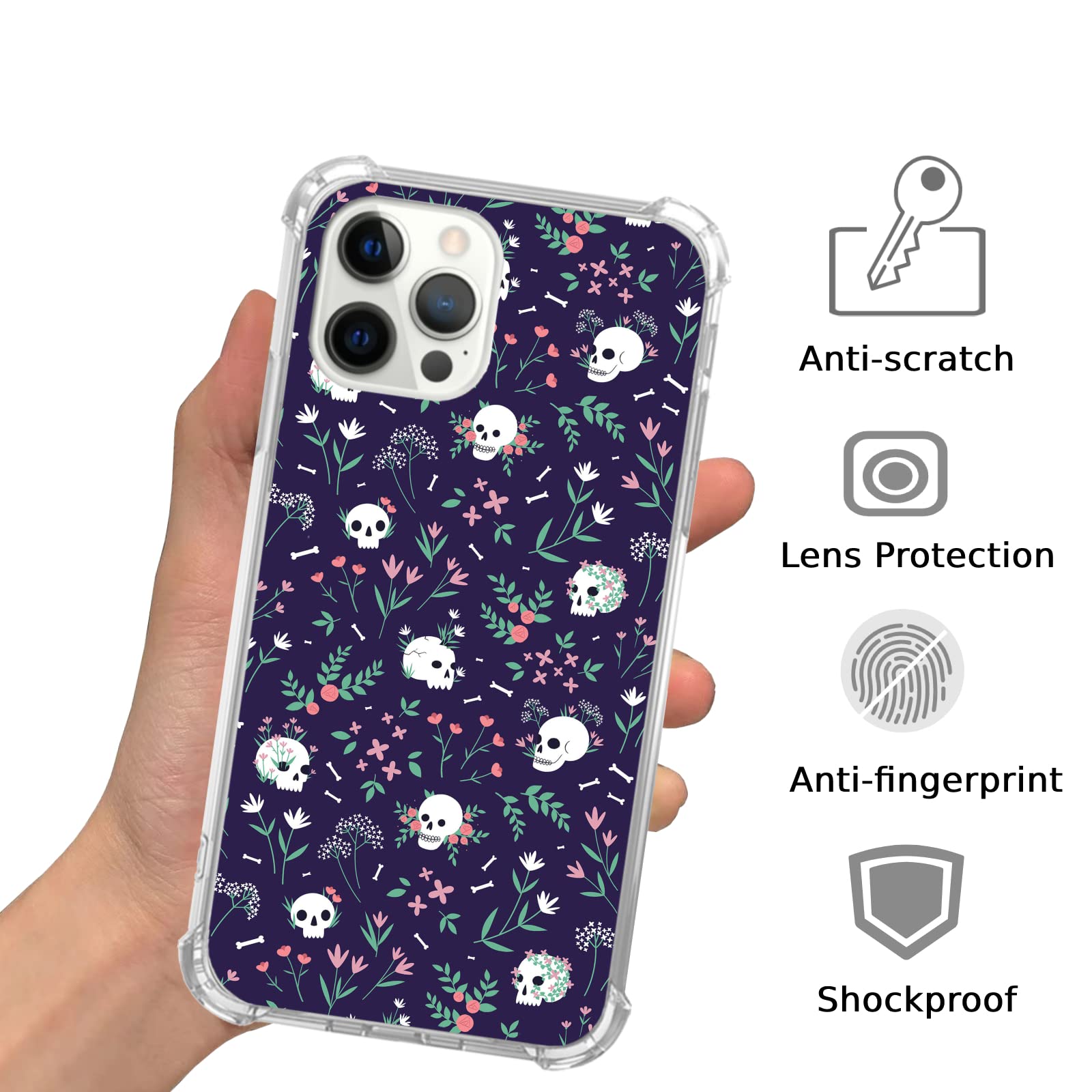 Stylish Skull & Floral TPU Case for iPhone 13 Pro Max - Trendy Aesthetic Protective Cover for Teens & Adults | Perfect for Daily Use, School & Outdoor Activities