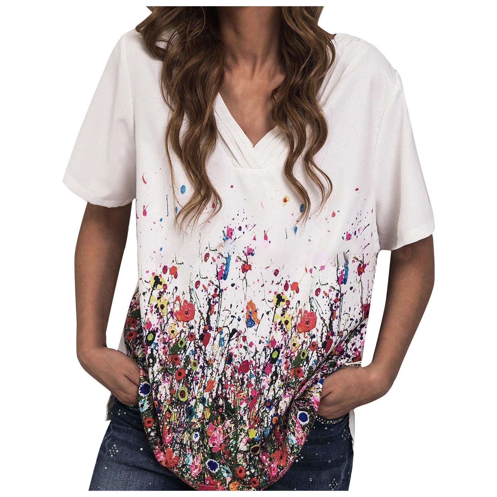 Floral Printed V-Neck Tee Shirt for Women - Plus Size Workout Tank Tops - Breathable Summer Tops for Yoga, Gym & Casual Wear