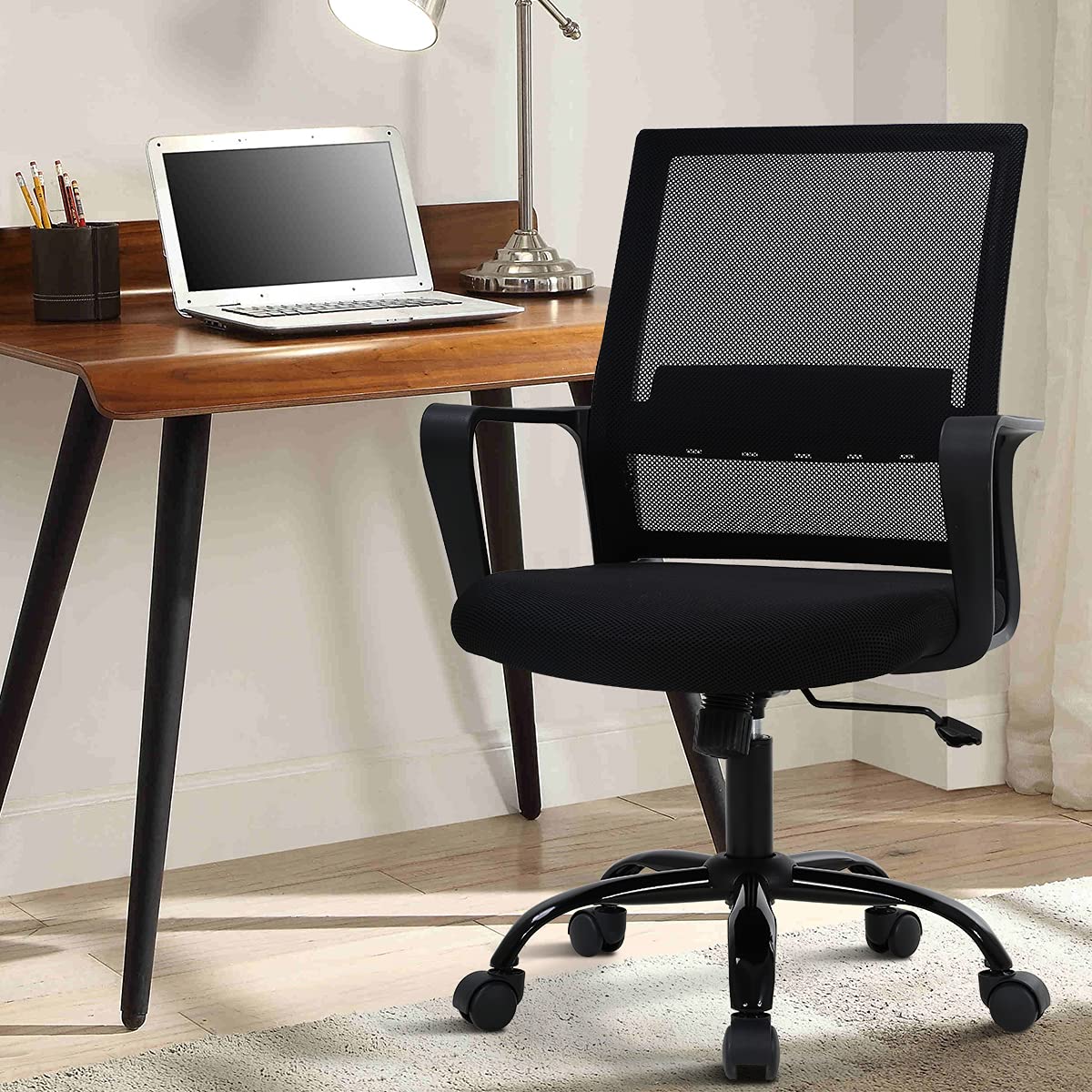 Ergonomic Office Chair with Lumbar Support - Adjustable Mid Back Mesh Computer Desk Chair, Swivel Rolling Executive Chair for Home & Office Workspace (Black) - Perfect for Long Hours Sitting, Gaming, and Remote Work