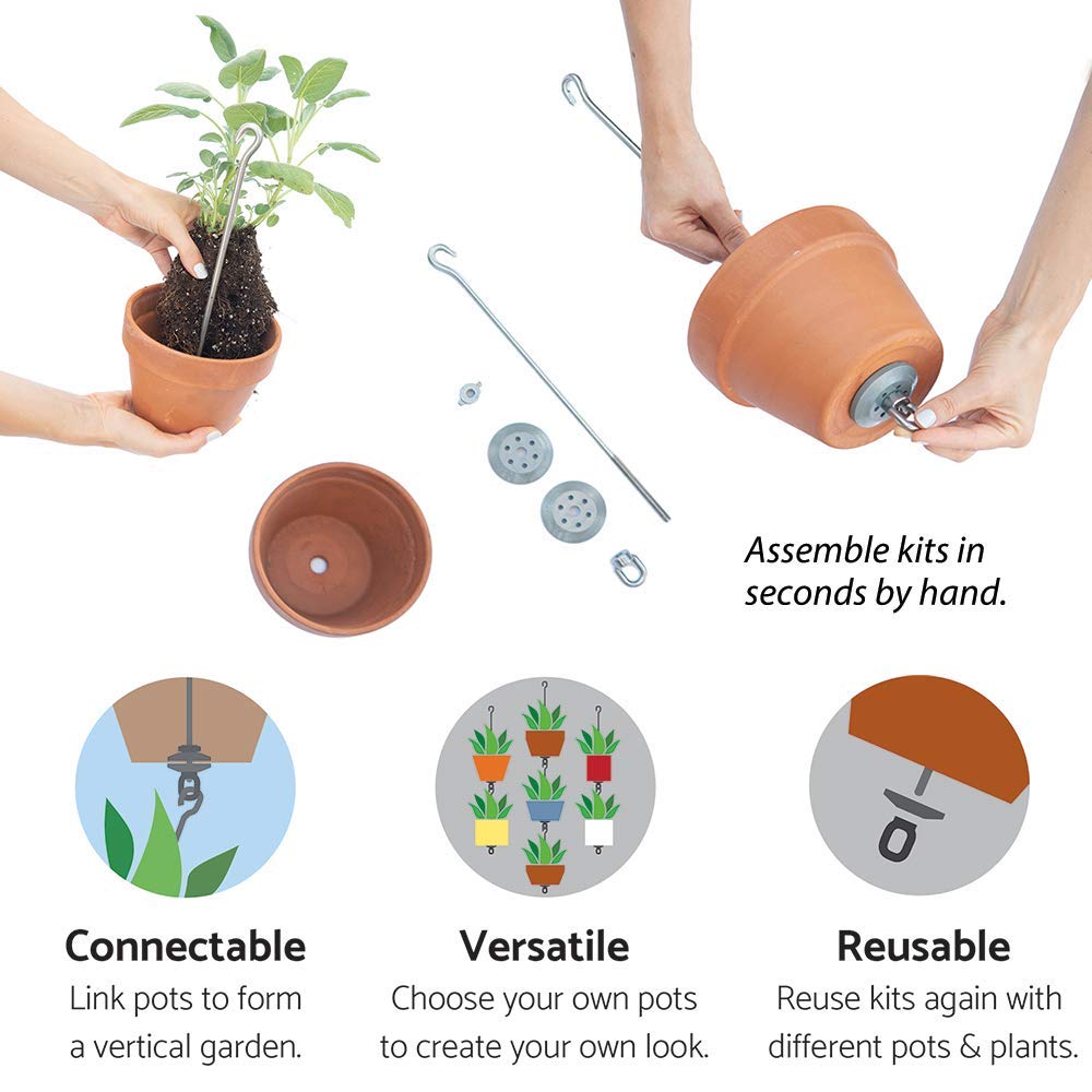 5-Piece Stainless Steel Pot Hanger Kit with Accessories - Connectable Hanging Planter System for Vertical Gardens - Indoor/Outdoor Use with Drainage Holes - Perfect for Balconies, Patios & Small Space Gardening
