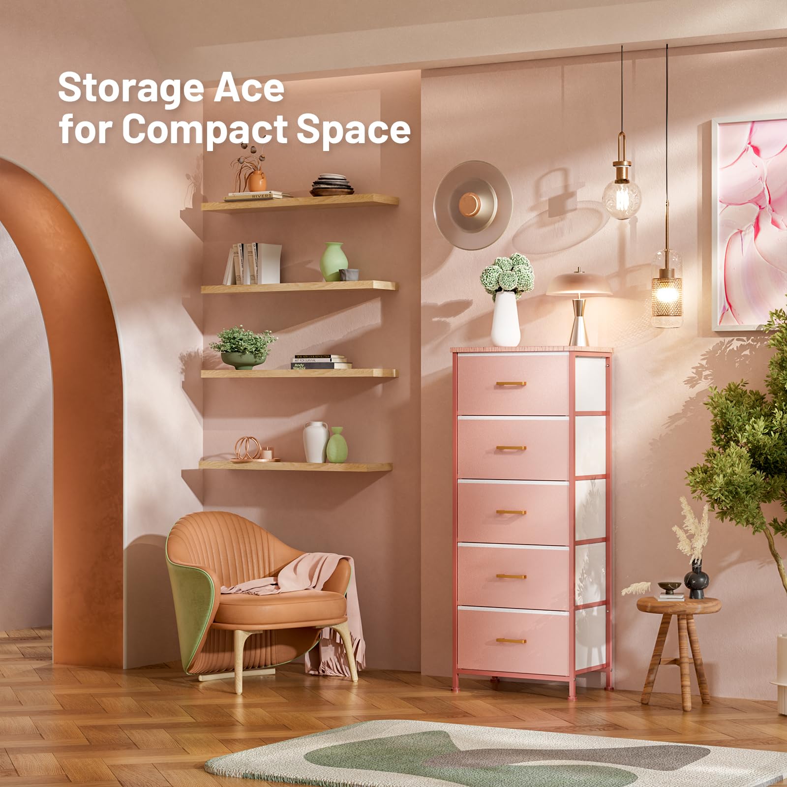 5-Drawer Tall Dresser for Bedroom - Pink Storage Tower with Sturdy Steel Frame, Fabric Bins & Wood Top - Perfect for Kids Room, Nursery, Closet or Living Room Organization - Elegant Leather Finish Dresser for Girls Bedroom Decor