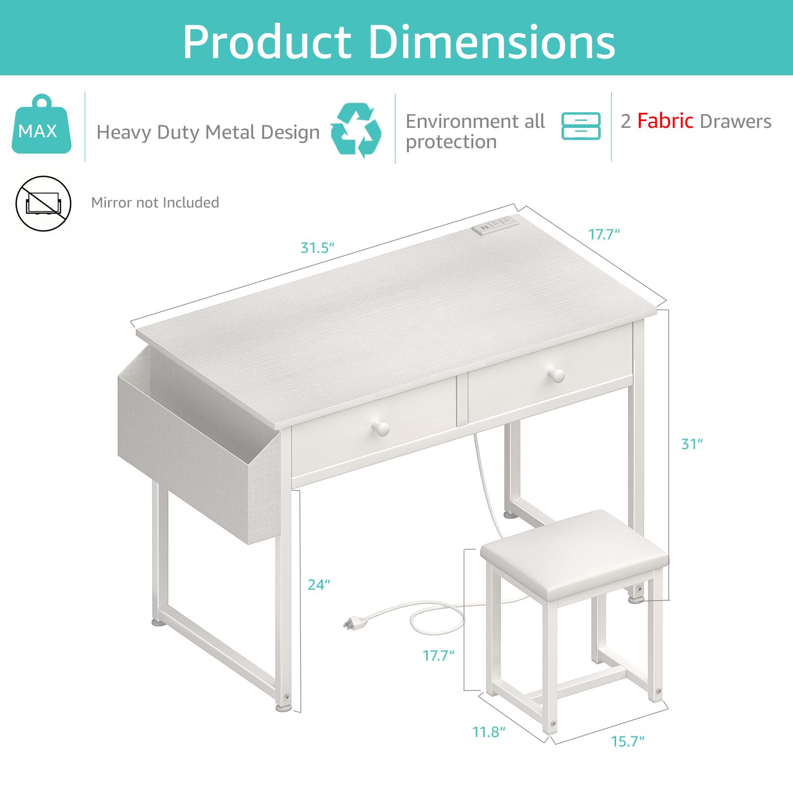 Modern White Makeup Vanity Desk Set with Fabric Drawers & Power Outlet - Small Dressing Table with Matching Chair for Girls Bedroom - Perfect for Beauty Routine, Cosmetics Storage & Bedroom Decor
