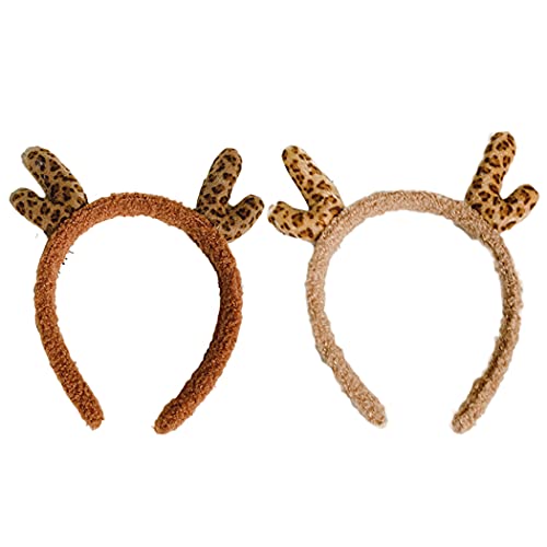 Licogel Christmas Headband Reindeer Antler Hair Accessories - 2PCS Cute Leopard Print Holiday Headbands for Women, Lightweight Non-Slip Hairband for Xmas Party, Cosplay & Festive Makeup