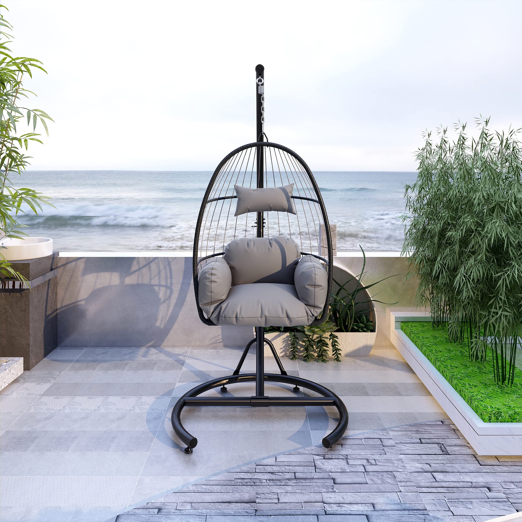 Outdoor Patio Wicker Hanging Chair Swing - PVC Rattan Hammock Egg Chair with C-Type Bracket & Cushion Set for Garden, Balcony, Bedroom - Indoor/Outdoor Use in Stylish Gray | Perfect for Relaxing, Reading & Lounging