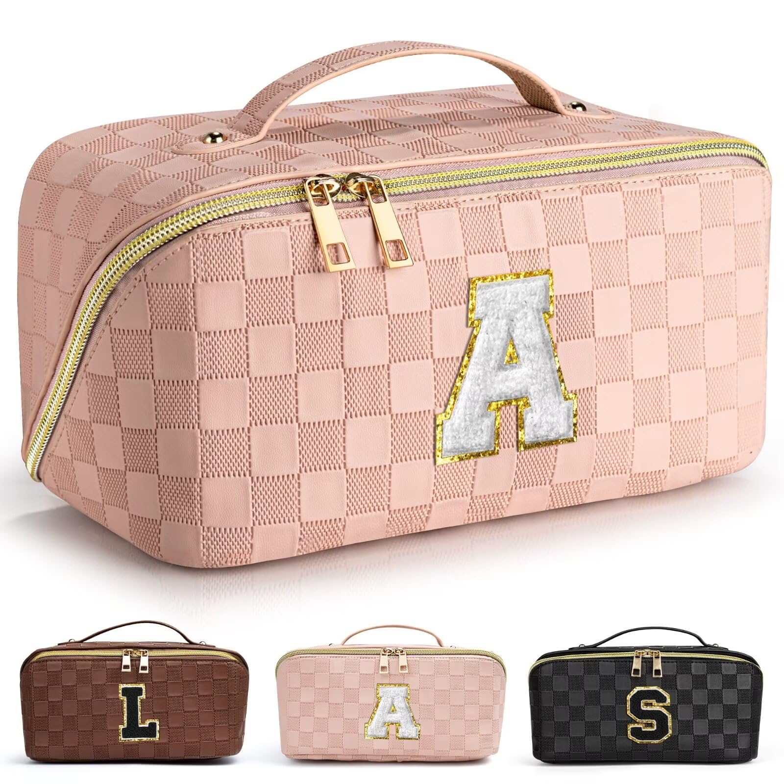 Personalized Checkered Makeup Bag - Waterproof Cosmetic Pouch for Travel & Toiletry, Flat Open Design, Custom Gift for Women, Mom & Friends | Perfect for Daily Use, Vacation & Gym Essentials