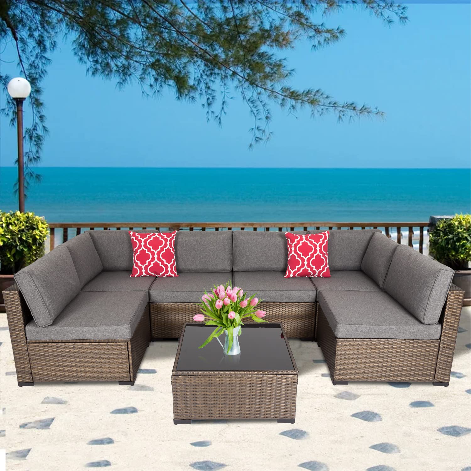 7-Piece Outdoor Patio Furniture Set - Dark Gray PE Rattan Sectional Sofa with Coffee Table for Garden, Backyard, and Poolside Relaxation