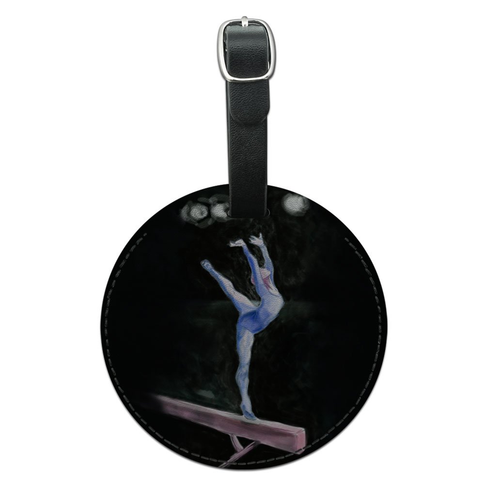 Gymnast Blue Leather Luggage ID Tag for Suitcases - Durable Round Pommel Horse Design - Perfect for Travel, Gym Bags & Sports Equipment Identification