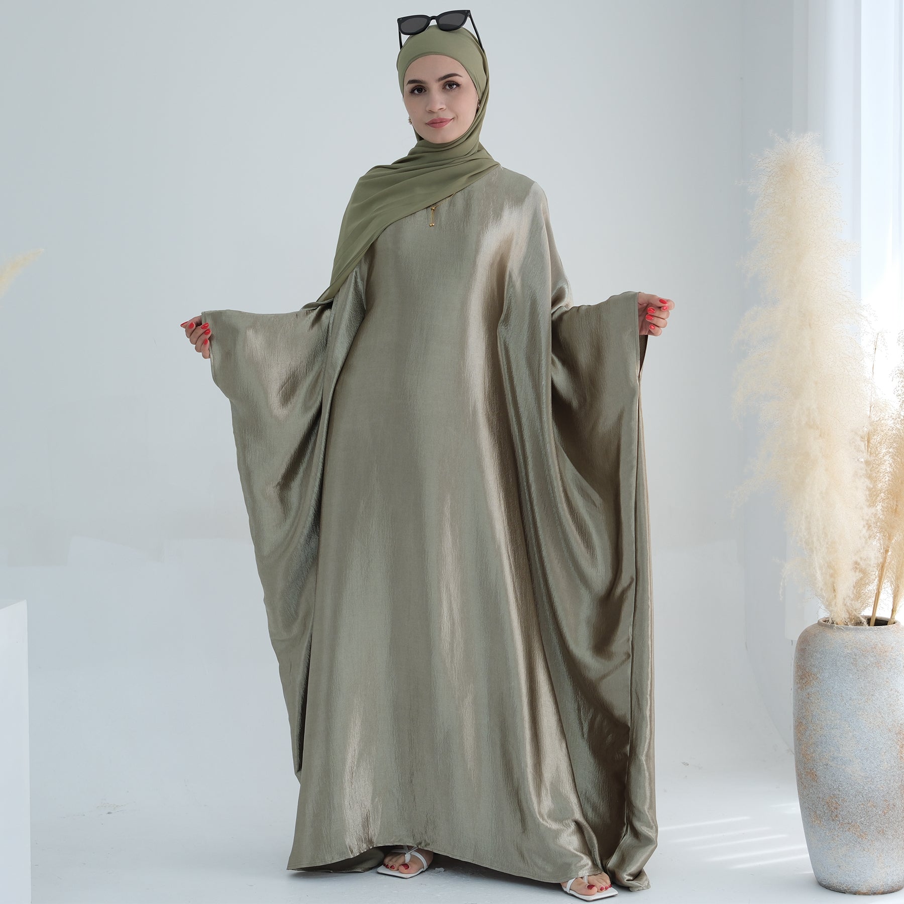 Elegant Alisha Butterfly Satin Abaya Dress - Sage Green Islamic Prayer Gown for Women | Perfect for Eid, Mosque & Special Occasions