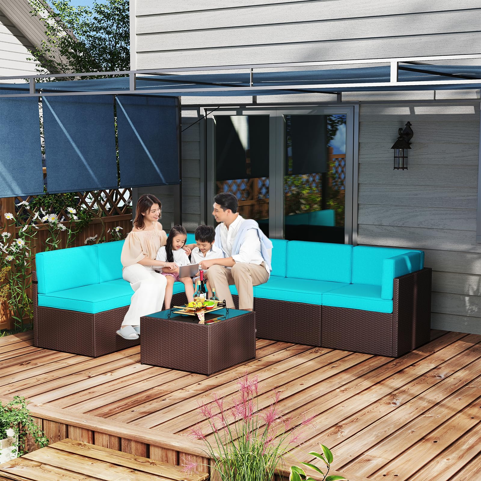 Kinfant 7-Piece Outdoor Patio Furniture Set - PE Brown Wicker Sectional Sofa with Glass Coffee Table & Cushions, All-Weather Garden Poolside Lounge Set for Backyard, Deck, Porch (Turquoise)