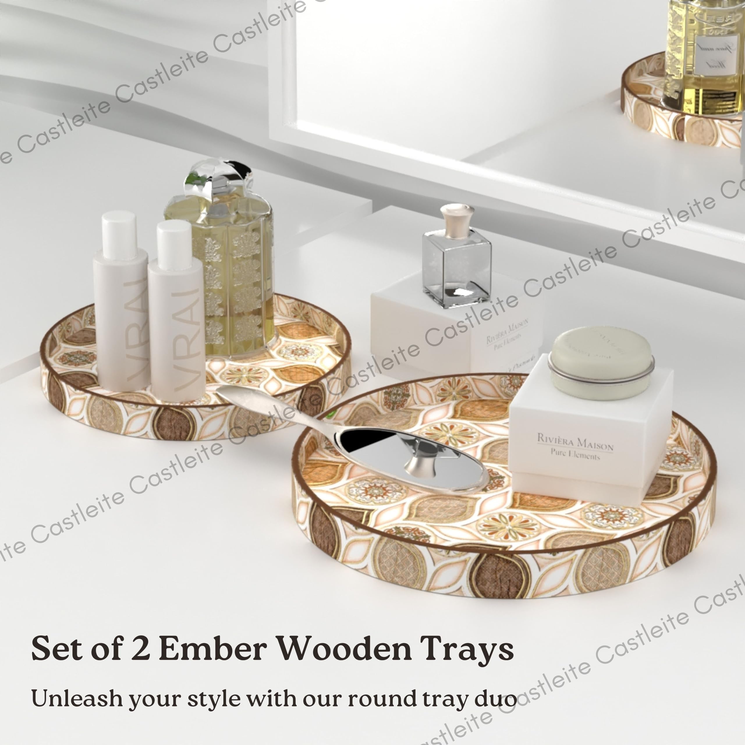 Castleite Ember Decorative Round Wooden Tray Set of 2 - Handcrafted Serving Trays for Kitchen, Dining Table, Coffee Table Decor & Storage - Epoxy Resin Coated Wood Trays (Large & Small, Hanayaka) - Perfect for Entertaining, Displaying Treats or Organizing Essentials