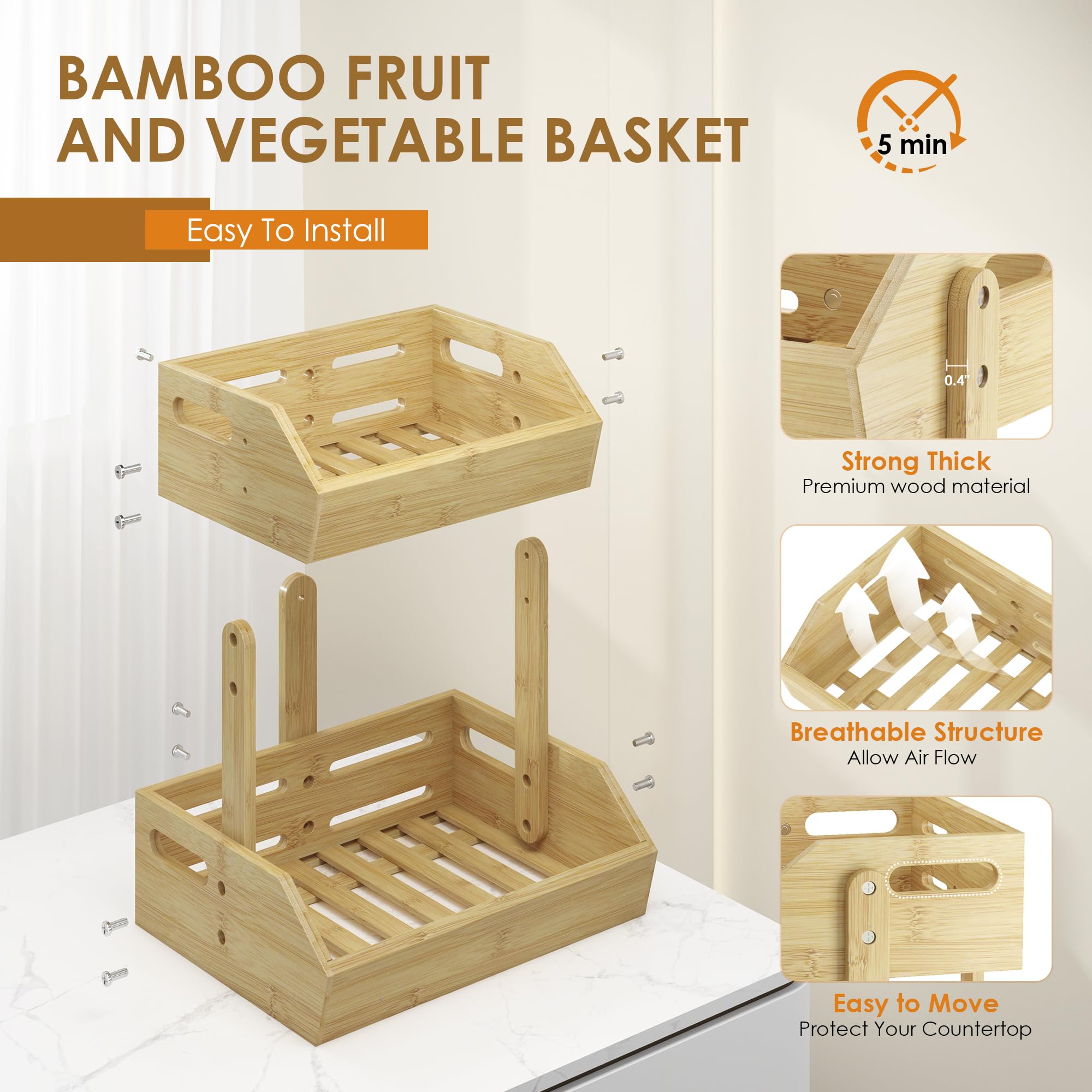 2-Tier Bamboo Fruit Basket - Kitchen Countertop Organizer for Fruits, Onions, Potatoes, Bread & Snacks | Eco-Friendly Storage Solution for Fresh Produce & Pantry Items | Perfect for Home, Office & Dining Room Decor