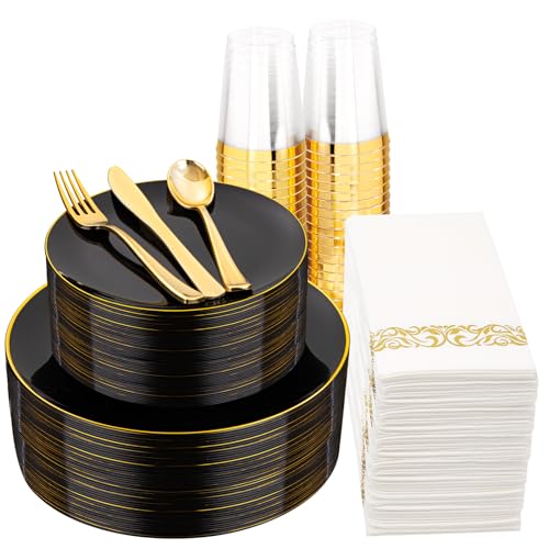 350pcs Black Plastic Plates with Gold Rim