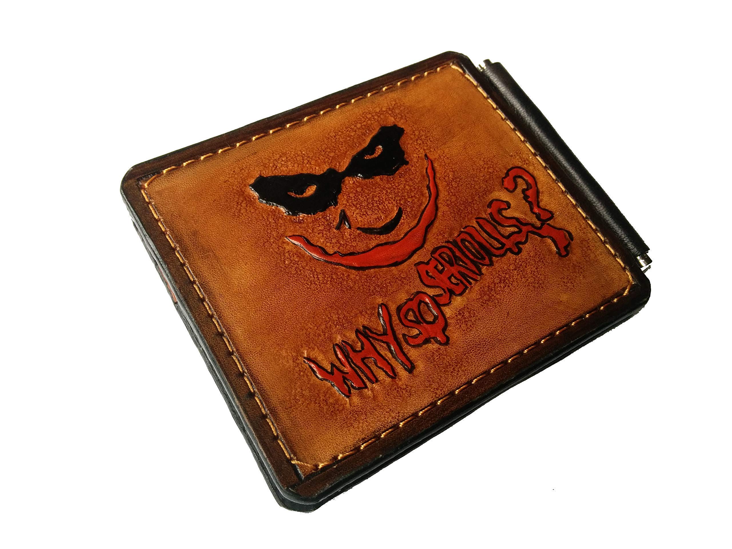 Joker Men's 3D Genuine Leather Wallet with Money Clip - Handmade Carved & Tooled Leather Bifold - Custom Airbrush Art Personalized Card Holder - Perfect Gift for Dad, Husband & Everyday Carry