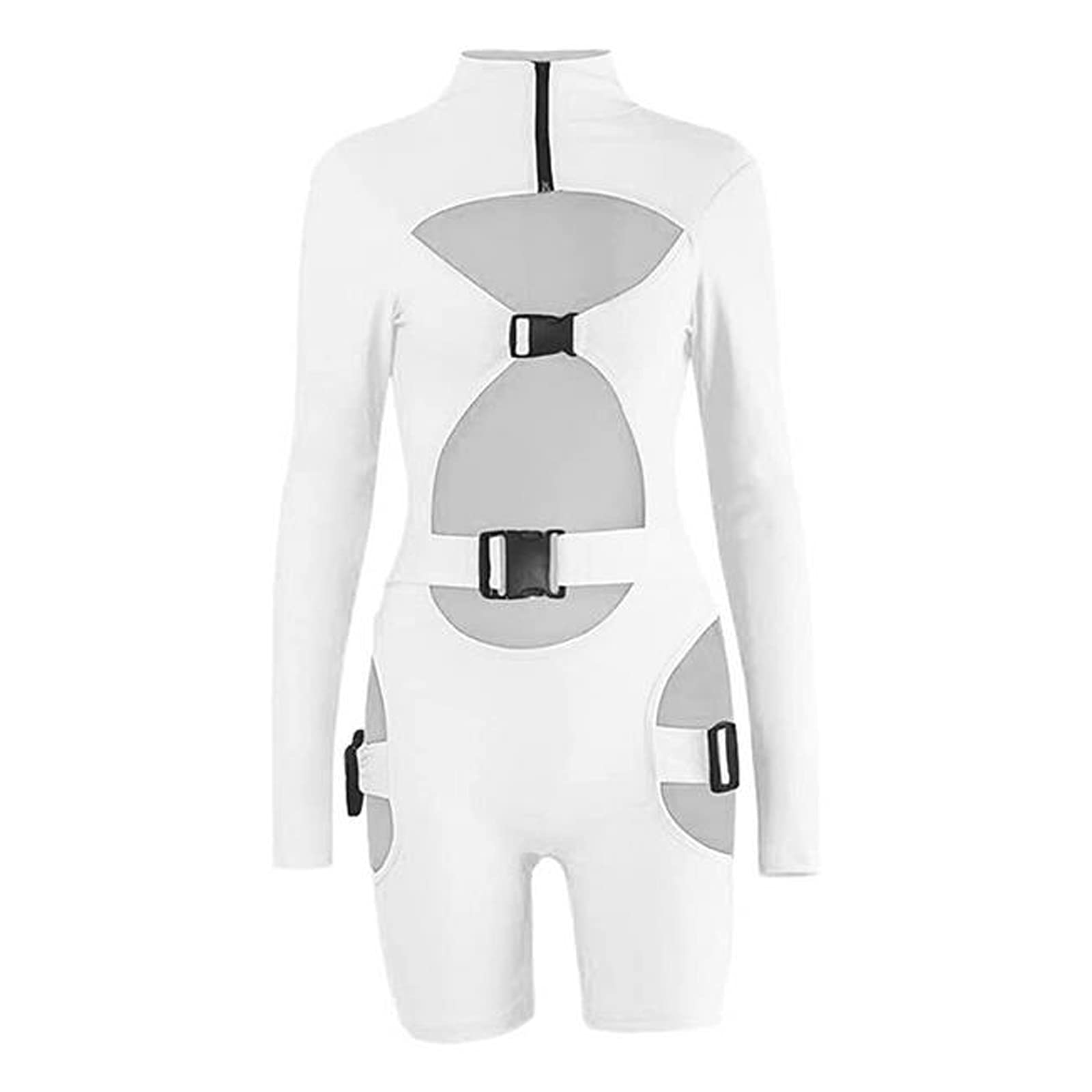 Sexy Hollow Out Jumpsuit for Women - Long Sleeve Buckle Cut Out Romper with Biker Shorts | Y2K Clubwear & Street Fashion Outfit for Party, Nightclub, and Festival
