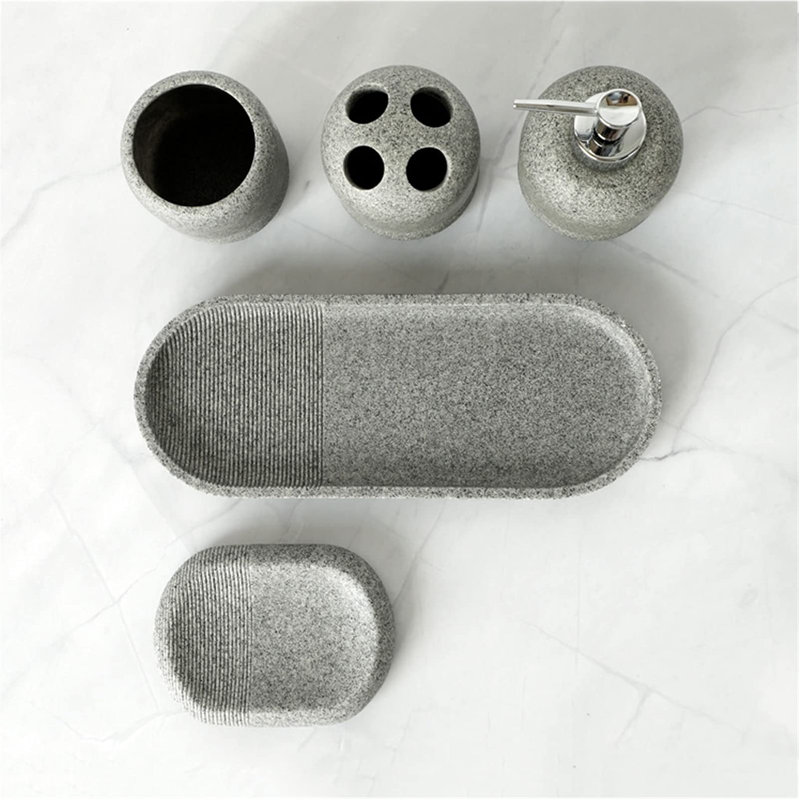 Refillable Liquid Hand Soap Dispenser Set - 5 Piece Resin Bathroom Accessories Kit with Soap Dispenser, Toothbrush Holder, Tumbler, Soap Dish & Tray - Perfect for Modern Bathrooms, Guest Baths & Spa Style Decor