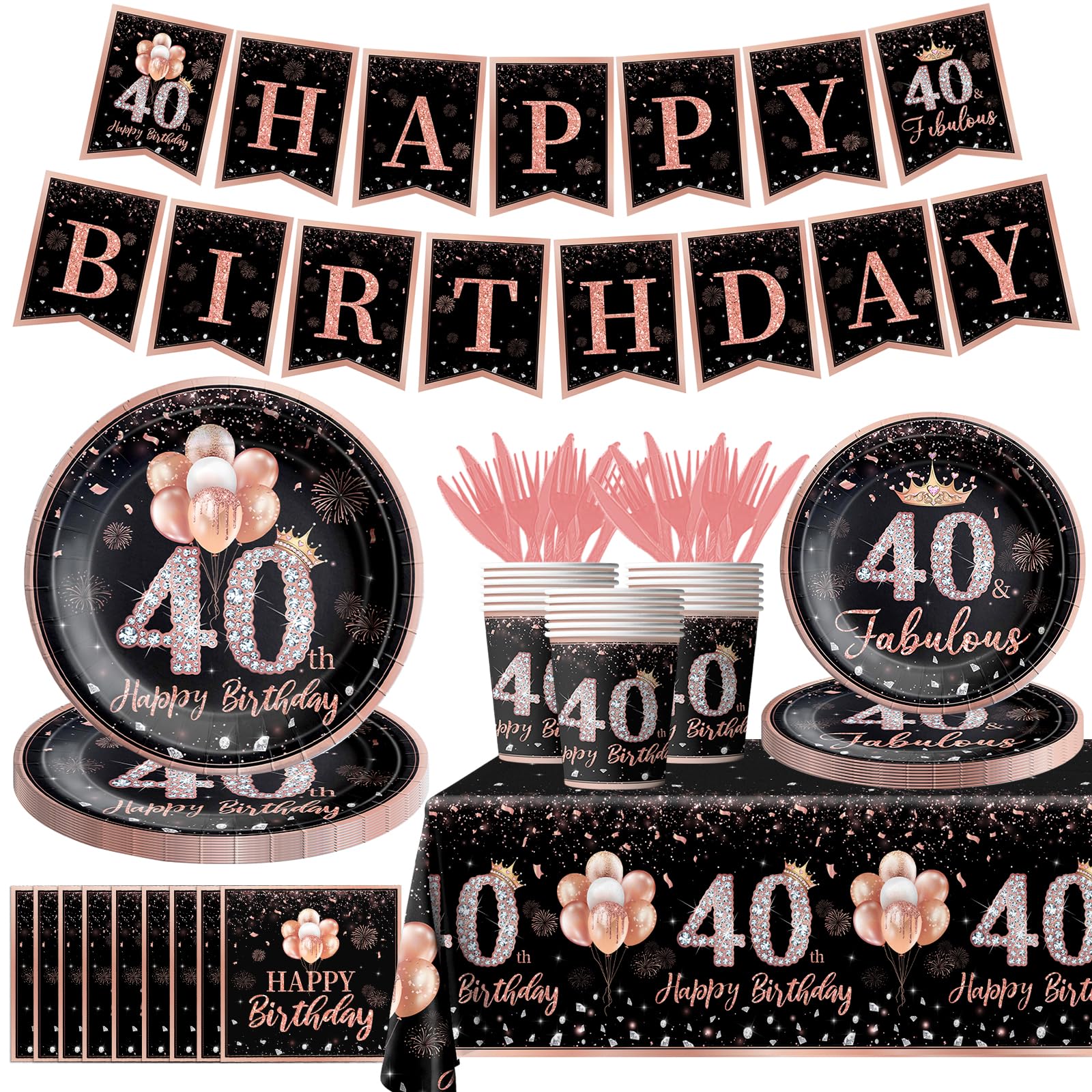 142Pcs Rose Gold 40th Birthday Party Tableware Set - Tablecloth, Plates, Napkins, Cups, Forks & Knives - Elegant Women's 40th Birthday Decorations - Perfect for Milestone Celebrations, Themed Parties & Anniversary Gatherings