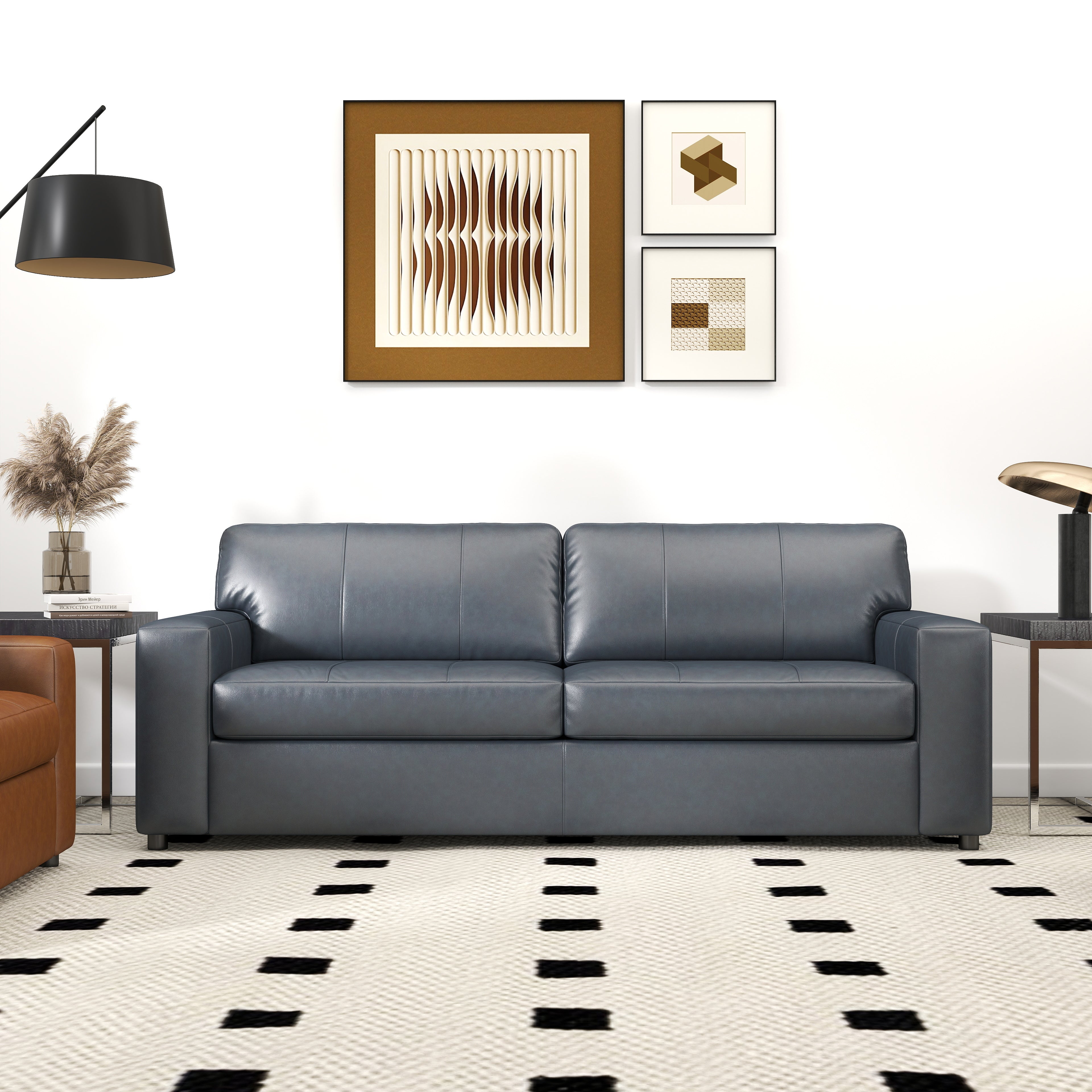 Roundhill Furniture Sakan Genuine Leather Upholstered Sofa - Modern Living Room Couch for Home, Office & Lounge Comfort