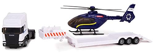 Toyland® Scania Flatbed Hauler with Helicopter - 1:48 Scale Diecast Model Truck Toy - Free Rolling Wheels - Transport Vehicle Collectible - Gift for Boys & Collectors (White Truck/Blue Helicopter) - Perfect for Playtime, Display & Pretend Transport Adventures