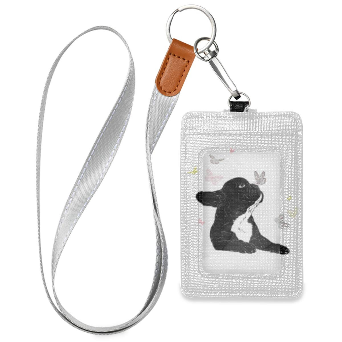 French Bulldog ID Badge Holder with Lanyard - PU Leather Card Case for Work & School