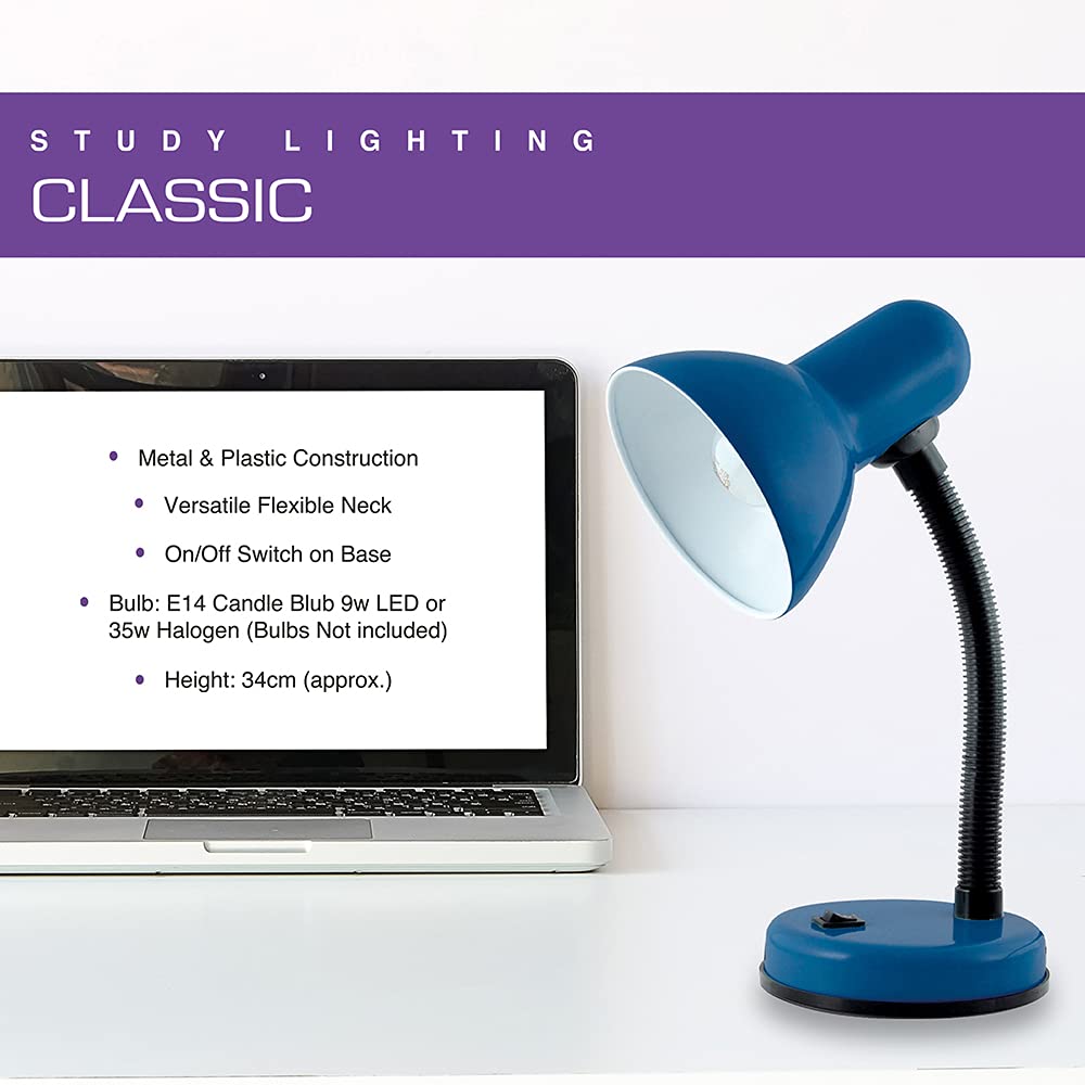 HOMELIFE 35W Classic Flexible Desk Lamp with Adjustable Gooseneck - Built-in On/Off Switch - 34cm Height (L958NB) - Midnight Blue - Perfect for Home Office, Study, Reading & Crafting