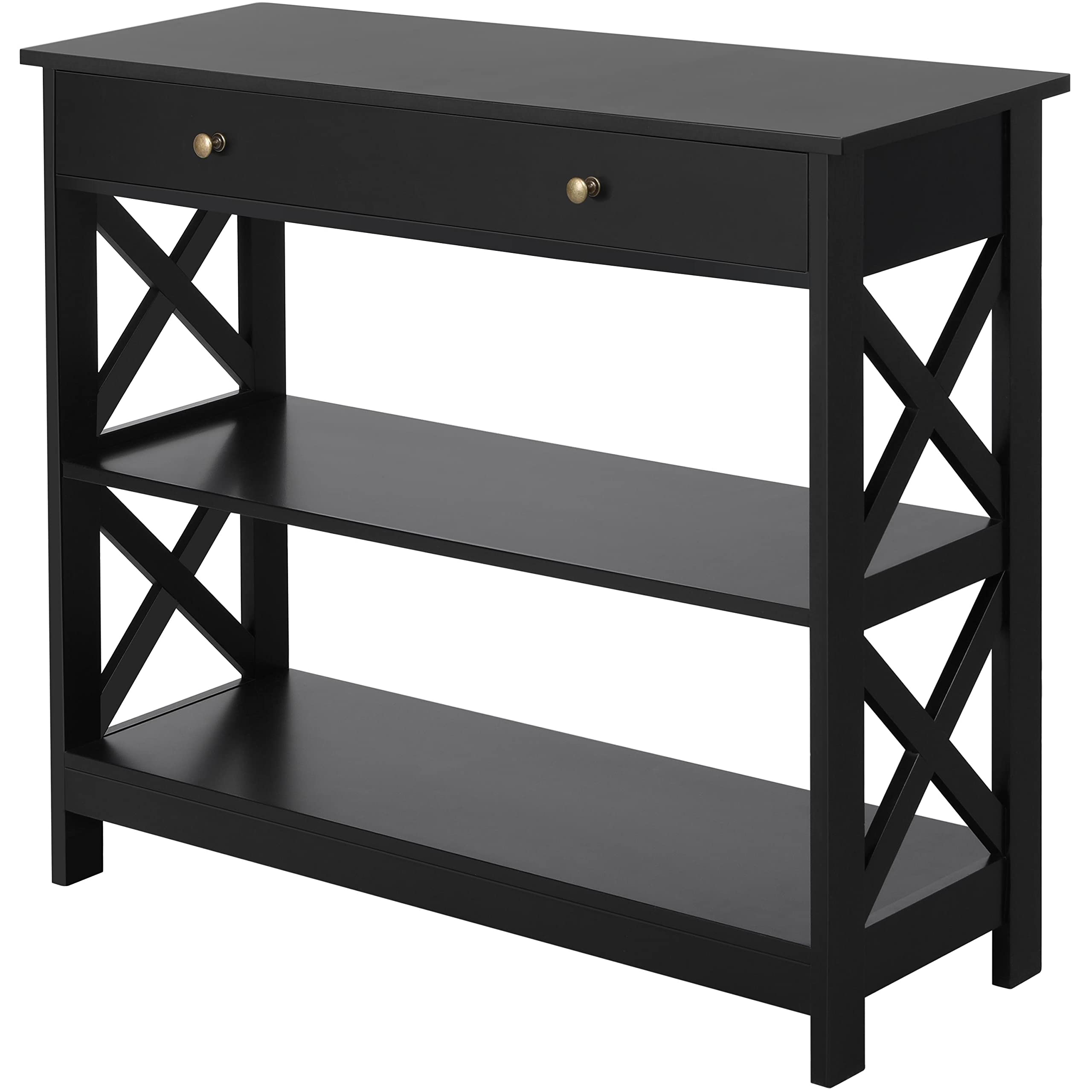 Topeakmart Narrow Console Table with 1 Drawer & 2 Open Shelves - X-Shaped Design Sofa Side Table for Entryway, Living Room, Bedroom - Black Accent Furniture for Small Spaces & Home Decor