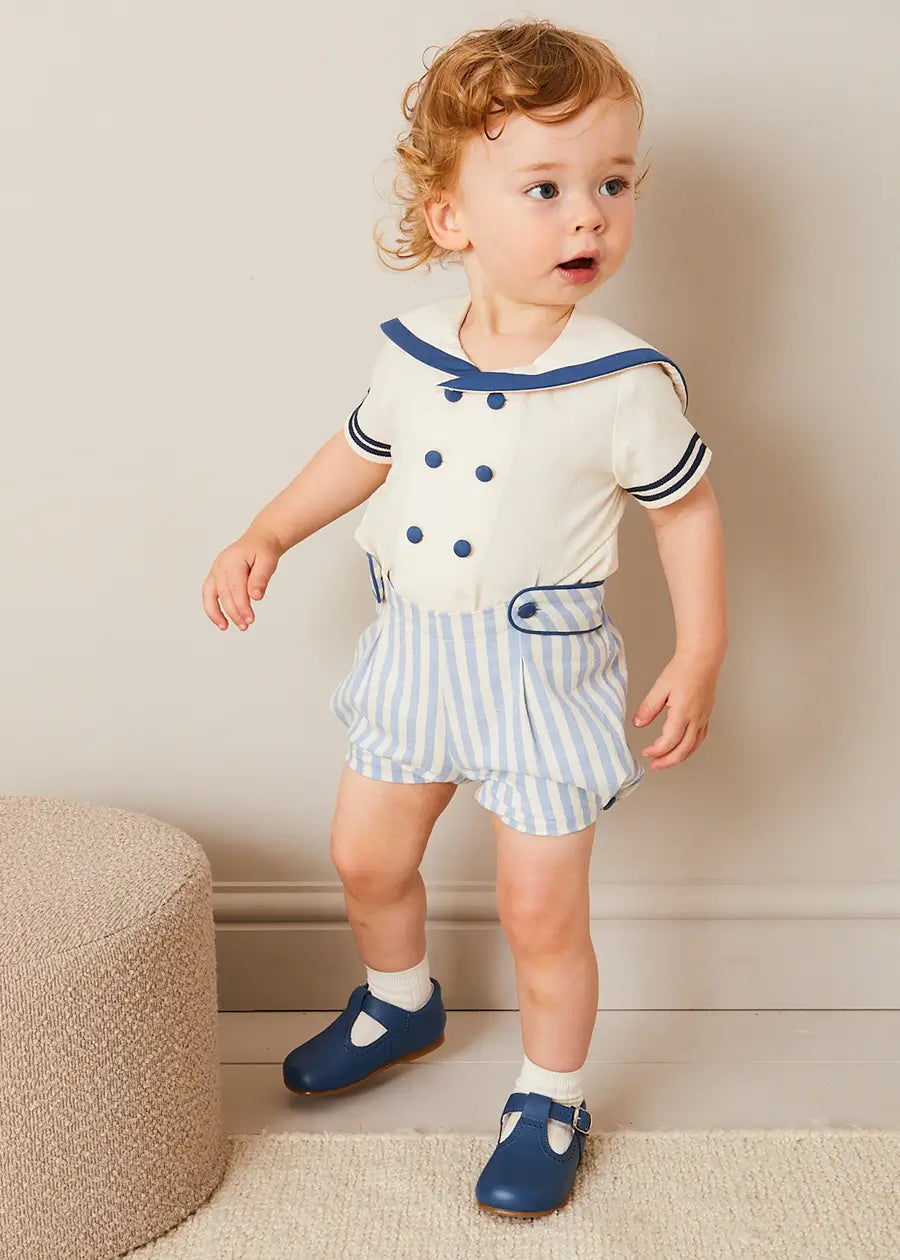 Blue Regency Stripe Mariner Collar Two-Piece Set with Bloomers for Baby Girls 6 Months to 3 Years | Vintage-Inspired Outfit for Photoshoots, Parties & Special Occasions