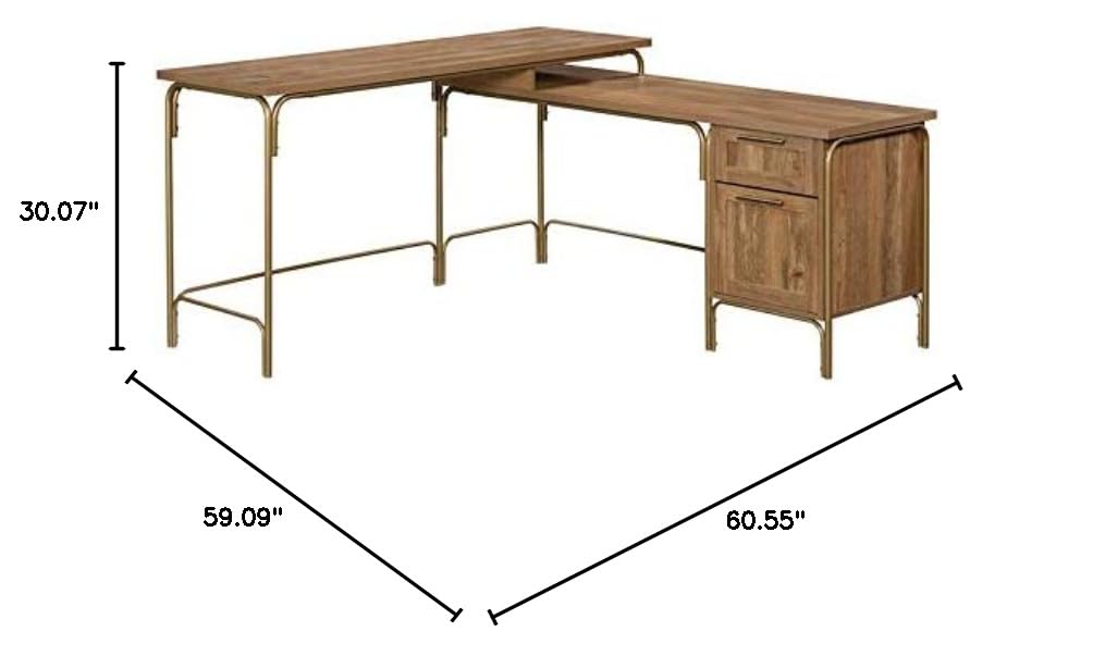 Pemberly Row Engineered Wood L-Shaped Desk in Sindoori Mango Brown/Gold - Modern Home Office Desk for Small Spaces, Gaming & Study Workstation