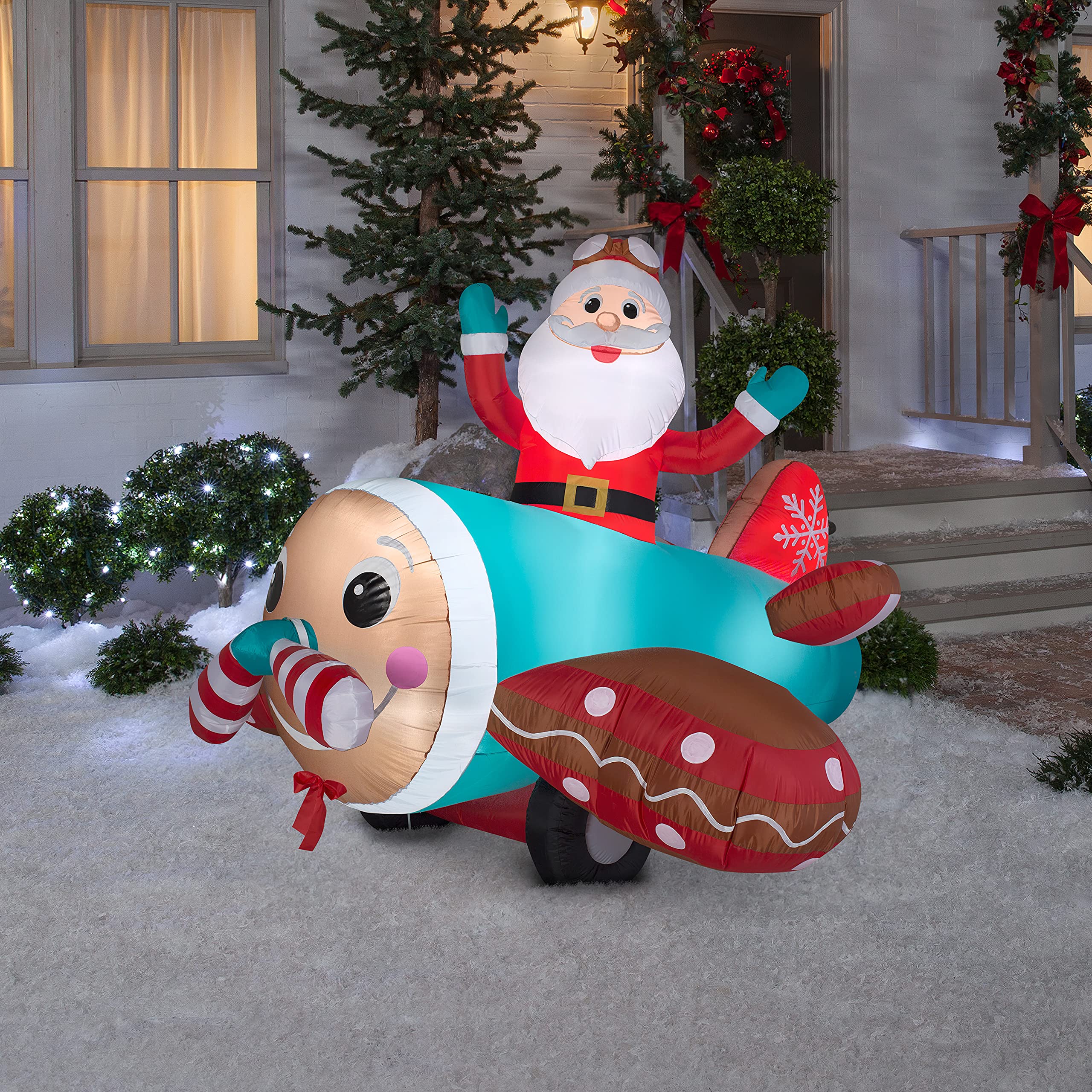 Gemmy 5 ft Tall Animated Christmas Airblown Inflatable Gingerbread Airplane Decor - Outdoor Holiday Yard Decoration for Xmas Party & Festive Home Decor