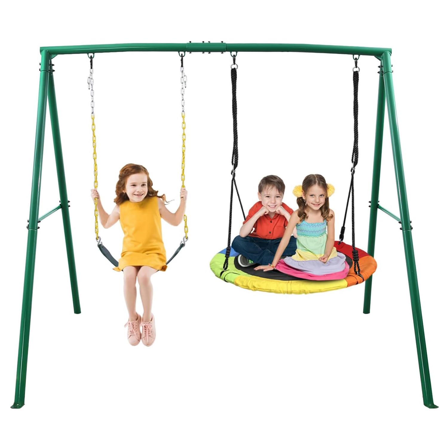 Trekassy 440lbs Capacity 2-Seat Outdoor Swing Set with Saucer Swing & Belt Swing - Heavy Duty A-Frame Metal Stand for Backyard, Playground, and Kids Playset | Perfect for Family Fun, Outdoor Recreation, and Children's Playtime Activities