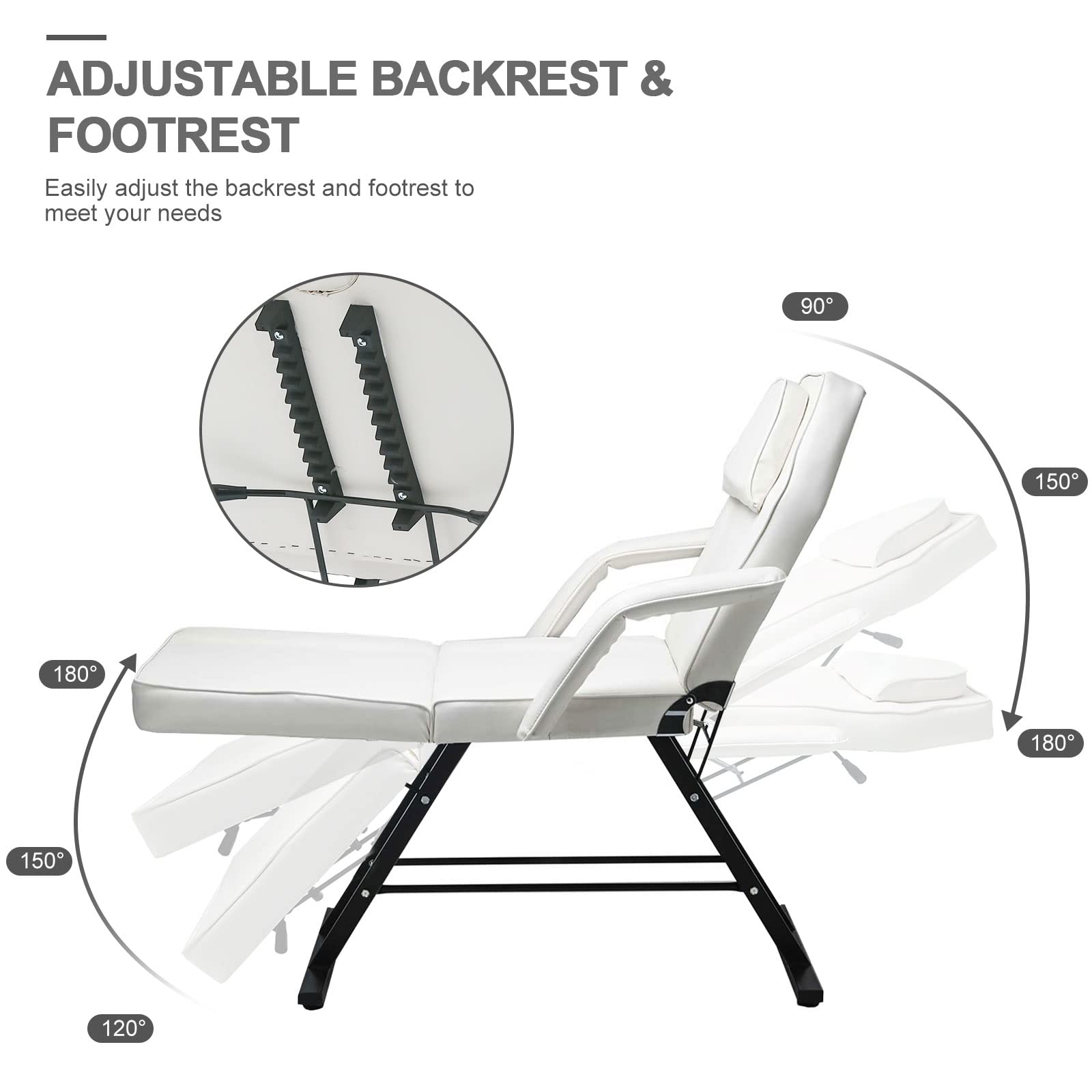 Vanimeu White Adjustable Massage Table with Stool - 3-Section Salon Tattoo Lash Bed, Removable Armrests & Headrest for Spa, 185x85x65cm - Perfect for Massage Therapy, Beauty Salon, Tattoo Parlor & Home Use