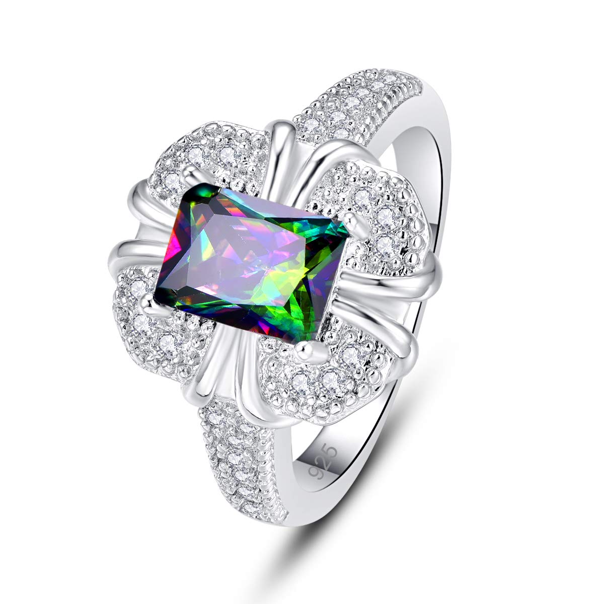 925 Sterling Silver Plated Emerald Quartz Radiant Cut Halo Ring for Women - Wedding, Engagement, Anniversary & Cocktail Party Jewelry Gift (Size 6) | Elegant Stackable Band for Everyday Wear & Special Occasions