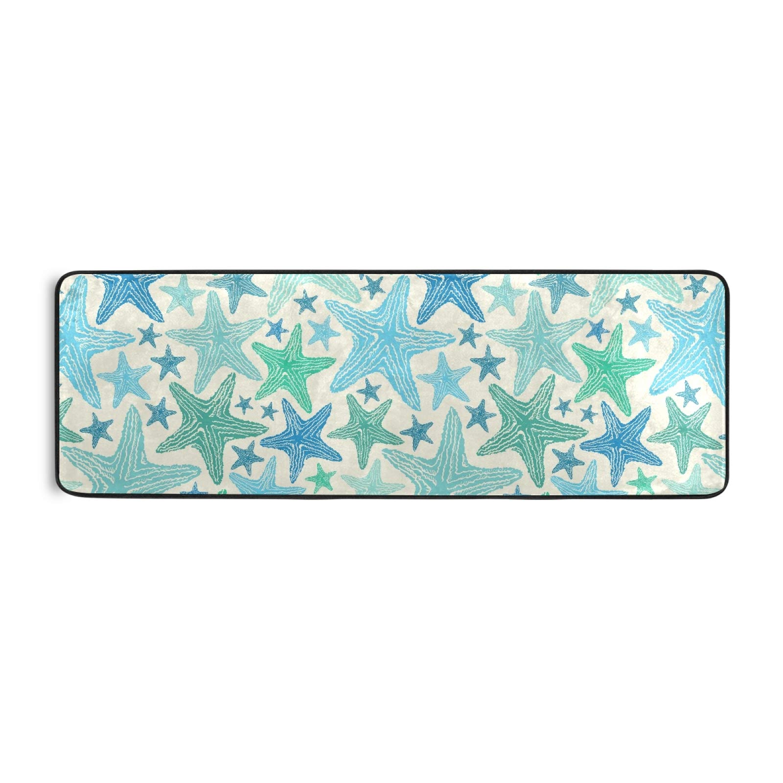 Non-Slip Blue Green Starfish Runner Rug 2x6 FT - Soft Indoor Hallway Carpet, Kitchen Floor Mat, Bathroom Doormat, Bedroom Entry Rug for Home Decor | Perfect for Coastal Theme Living Rooms, Beach House Entryways & Boho Chic Spaces