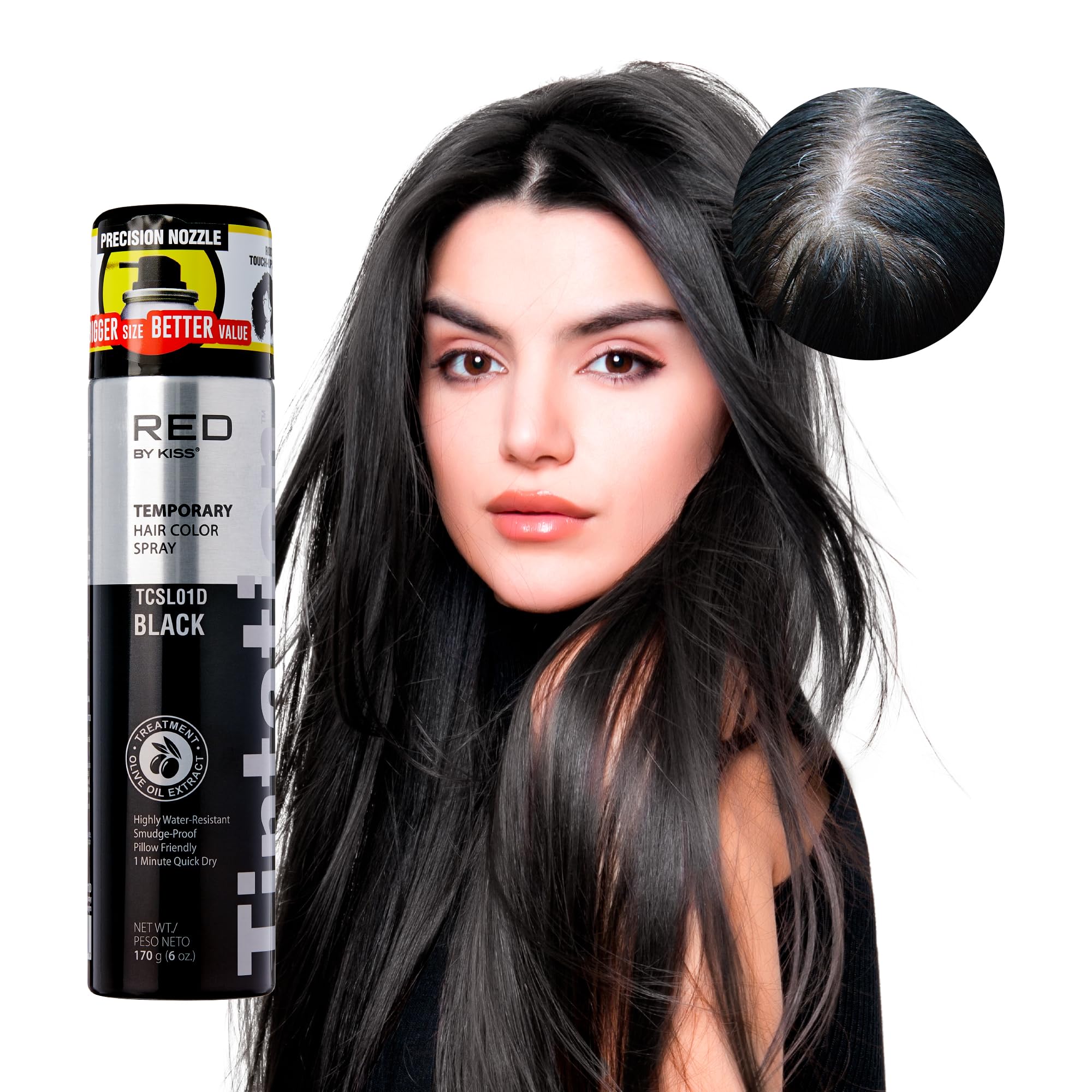 Red by Kiss Tintation Temporary Hair Color Spray - Instant Gray Root Touch Up for Men & Women - Water-Resistant, Smudge-Proof & Quick-Dry Formula - Easy Wash Out - Perfect for Barber Hairline Touch-Ups & Root Coverage (Black, 6 oz) - Great for Daily Use, Special Occasions & Professional Styling