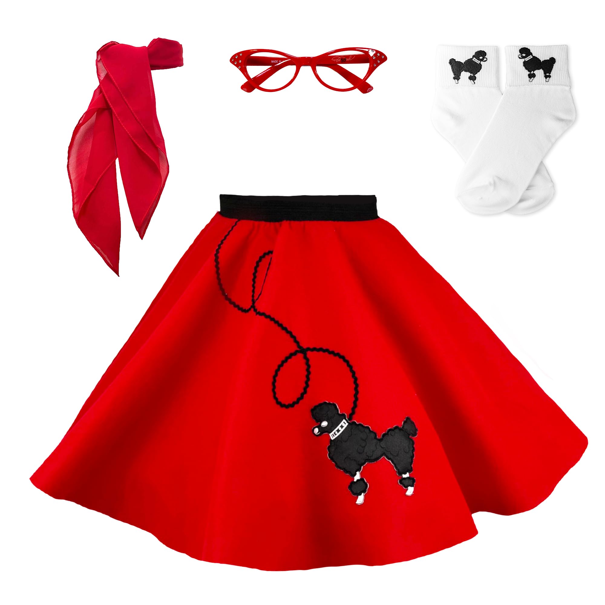 1950s Poodle Skirt Costume Set for Girls - 4 Piece Retro Outfit with Glasses, Socks & Scarf | 50s Themed Party, Halloween Costume, Hip Hop Dance Performance
