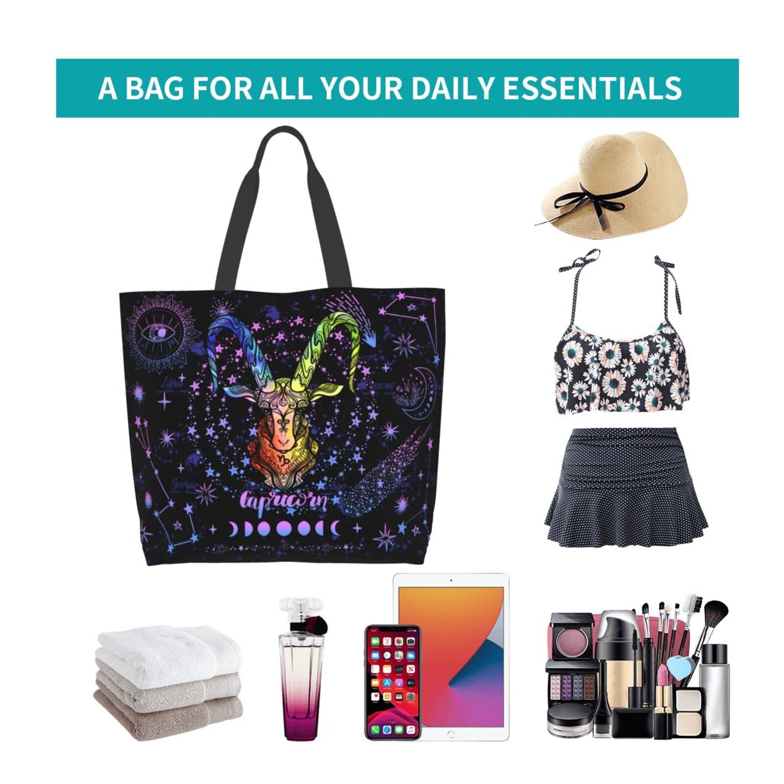 JASUTOT Large Canvas Zodiac Constellation Tote Bag - Astrology Sign Handle Bag for Women | Gym, Beach, Weekender, Travel & Shopping Tote | Perfect for Daily Use, Work, Vacation & Gift Giving