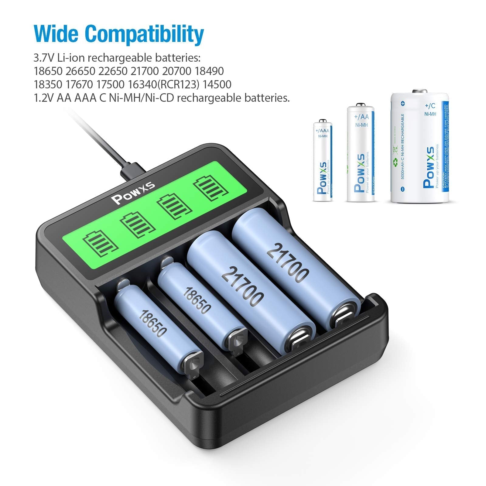 POWXS SW 4P Smart Battery Charger with 4 RCR123A 16340 Li-ion Rechargeable Batteries - Fast Charging for Flashlights, Cameras & Electronics (Home & Outdoor Use)