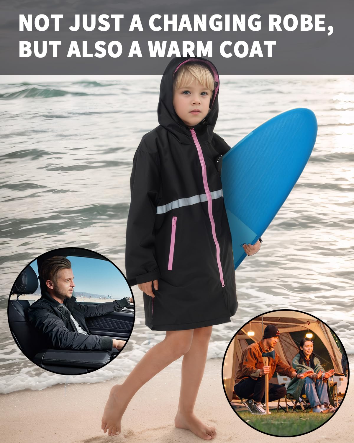 Owntop Waterproof Swim Parka for Adults & Kids - Quick-Dry Beach Changing Robe with Oversized Hood & 2-Way Zipper - Perfect for Pool, Beach, Surfing and Water Sports Activities