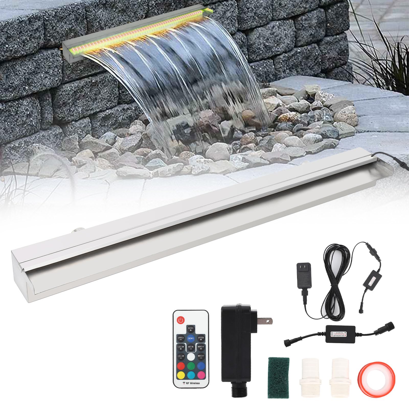 GARVEE 36x4.7x3.2 Inch Stainless Steel Pool Waterfall with LED Lights | Outdoor Water Fountain & Rectangular Spillway for Pools, Gardens | Premium Remote Control LED Water Feature for Backyard, Patio Decor