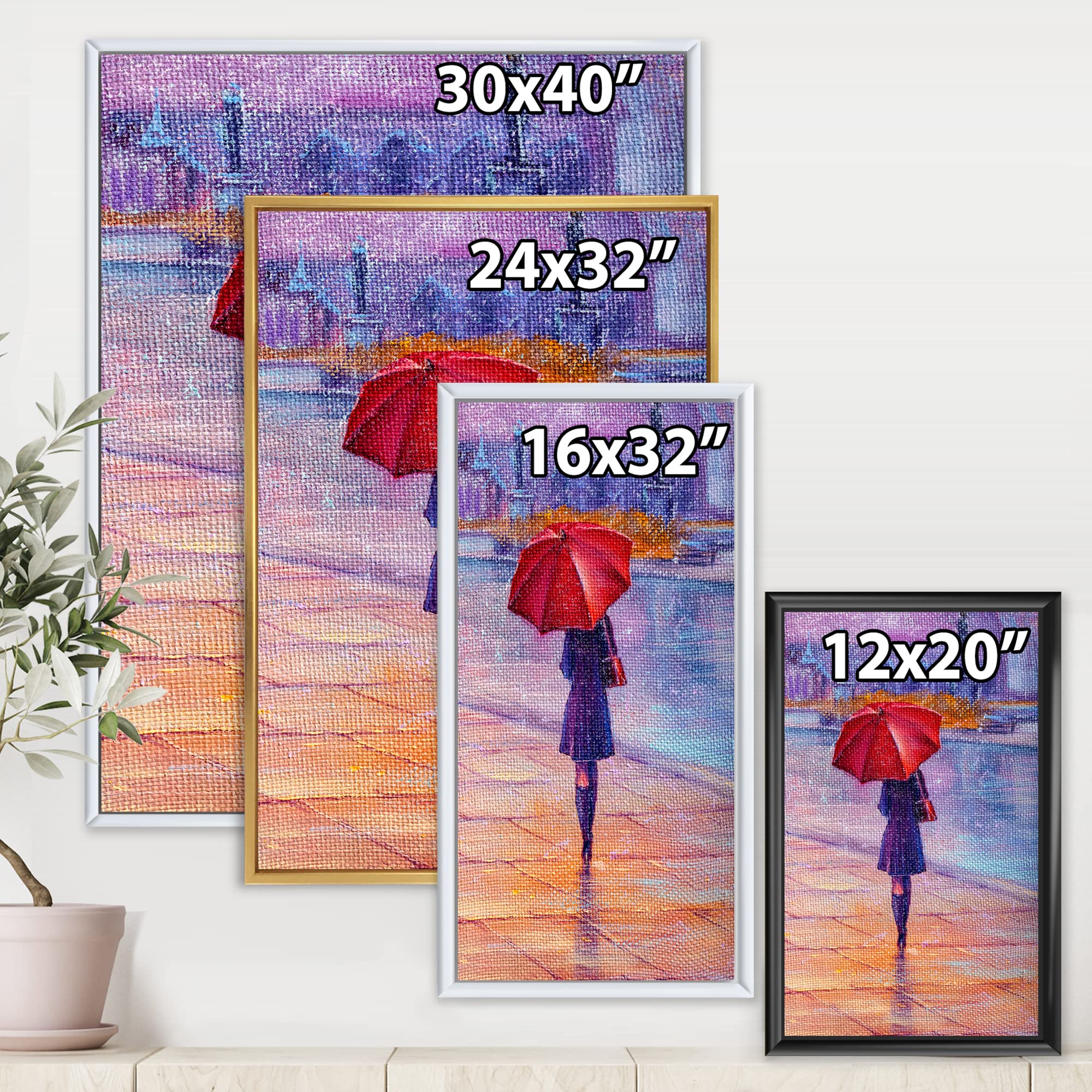 DesignQ French Country Framed Canvas Wall Art - Woman Walking with Red Umbrella in Rain - Perfect for Living Room, Bedroom & Office Decor