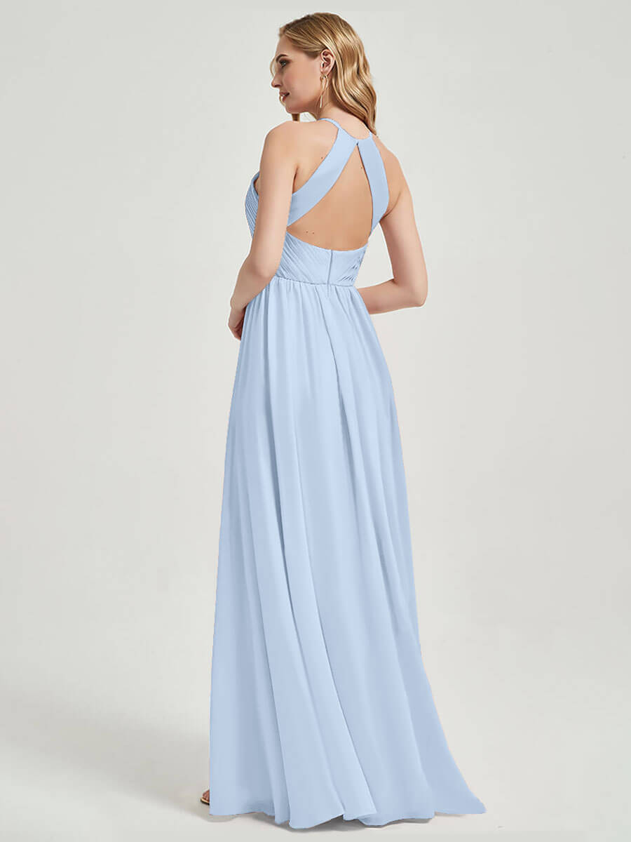 Cornflower Blue Halter Pleated Keyhole Back Chiffon Bridesmaid Dress - Elegant Formal Gown for Weddings, Prom & Special Occasions