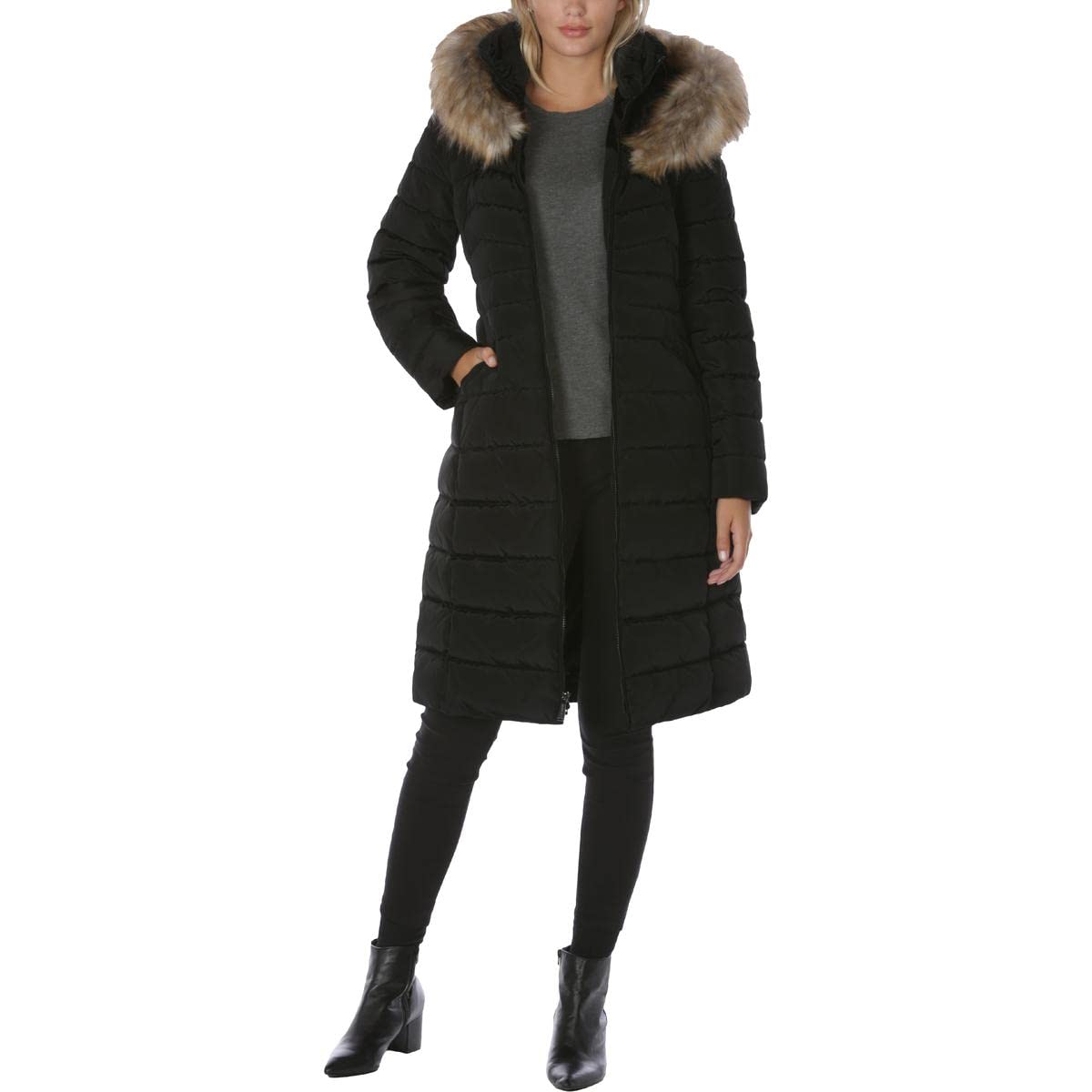 LAUNDRY BY SHELLI SEGAL Women's Winter Maxi Puffer Coat with Faux Fur Trim Hood - Warm Long Down Jacket for Cold Weather, Perfect for Snow Days & Outdoor Activities