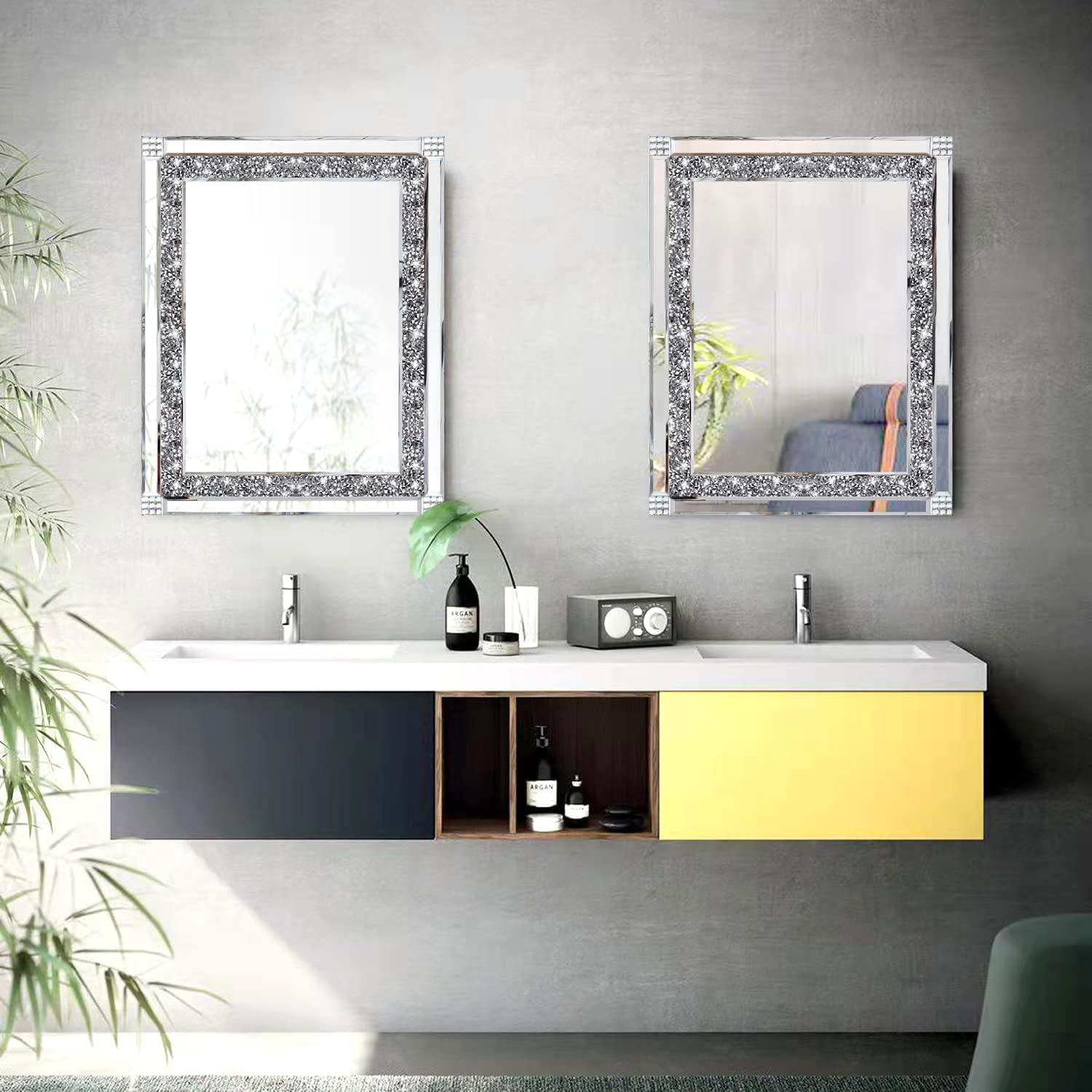Sparkling Crystal Rhinestone Diamond Wall Mirror - Handcrafted Glass Mirror for Hallway, Bathroom & Bedroom Decor (16