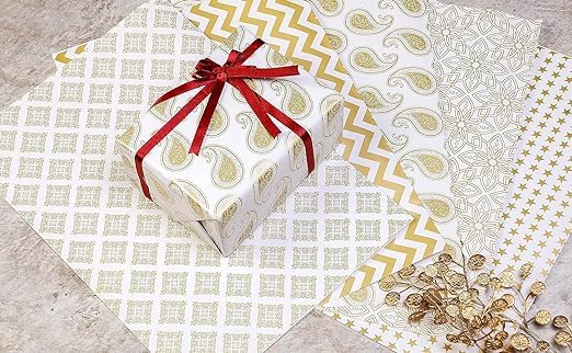 QUAKEL (QKL-05) Premium Gift Wrapping Paper Roll - 5 Sheets Mix Design with 5 Ribbons & 5 Stickers - Christmas Birthday Holiday Present Wrapping Paper for Gifts, Parties, Weddings & Special Occasions